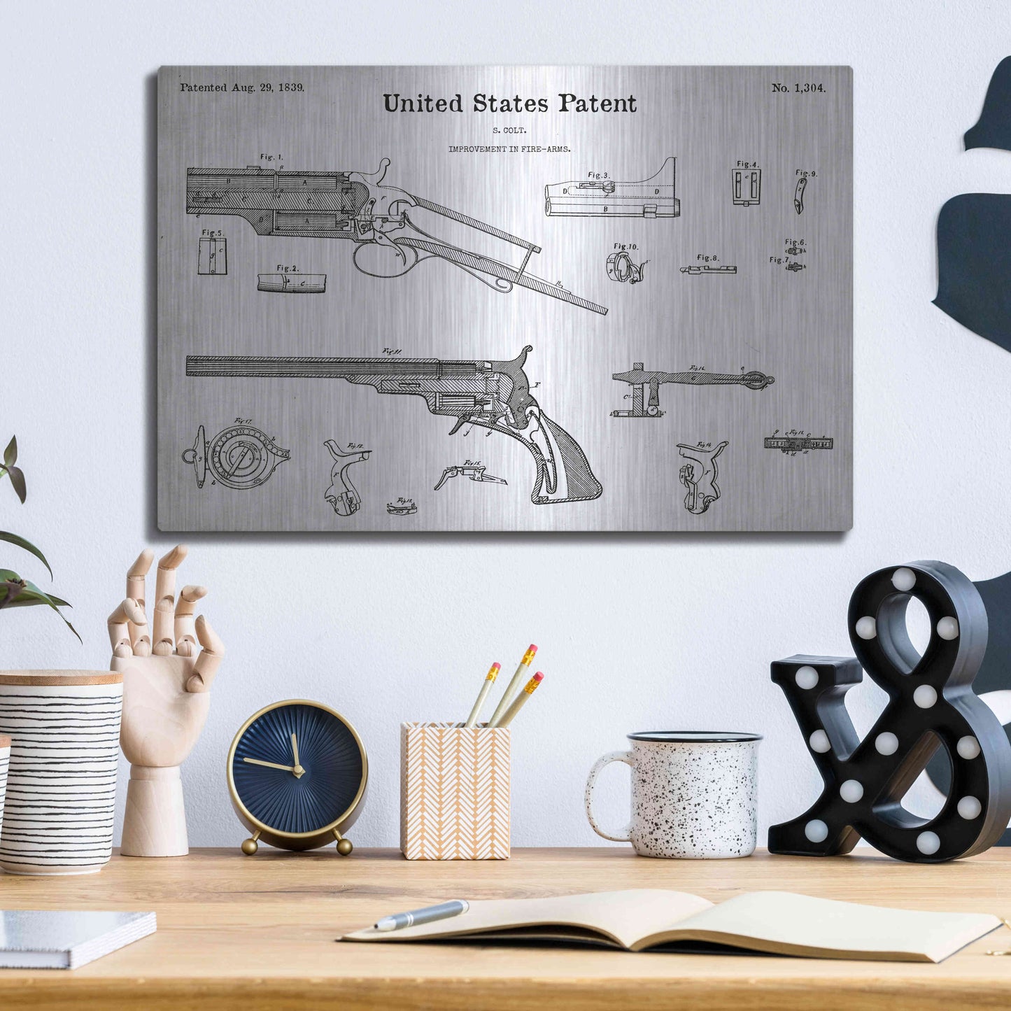 Luxe Metal Art 'Colt Revolver Blueprint Patent White' Acrylic Glass Wall Art,16x12