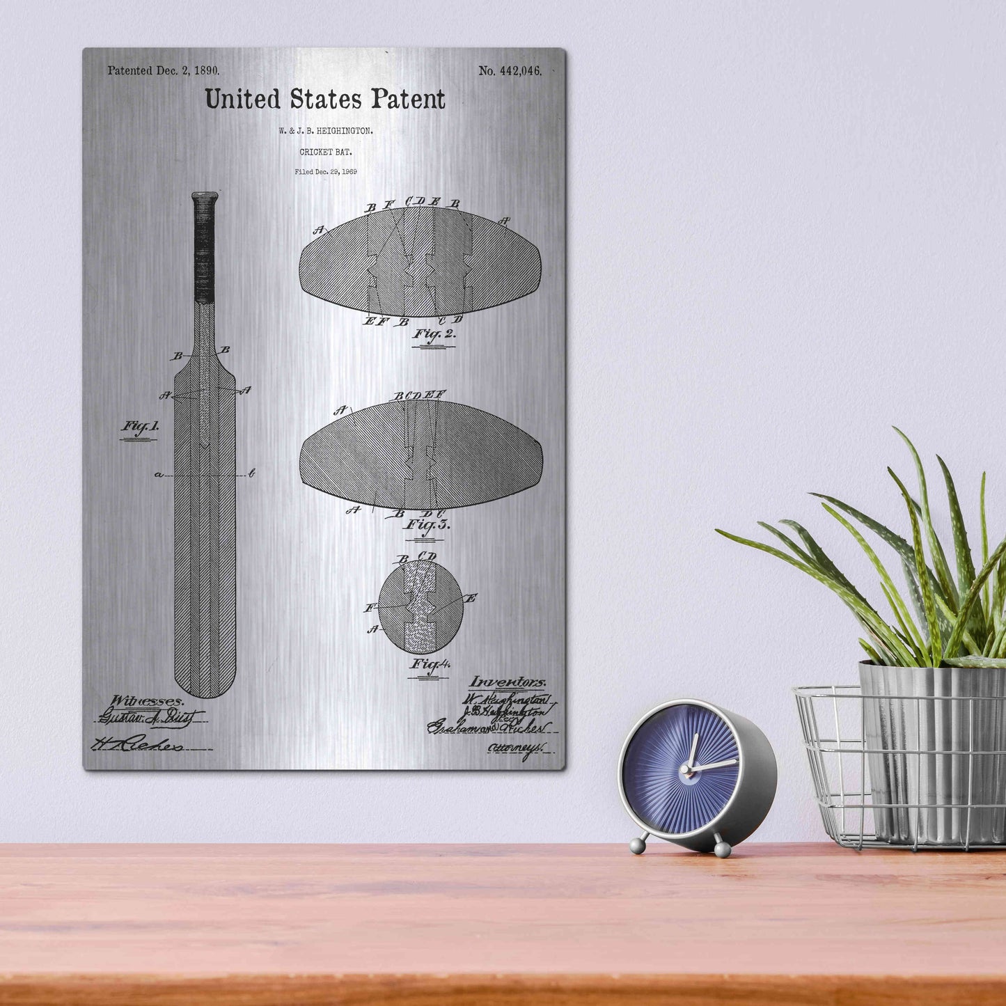 Luxe Metal Art 'Cricket Bat Blueprint Patent White' Acrylic Glass Wall Art,12x16