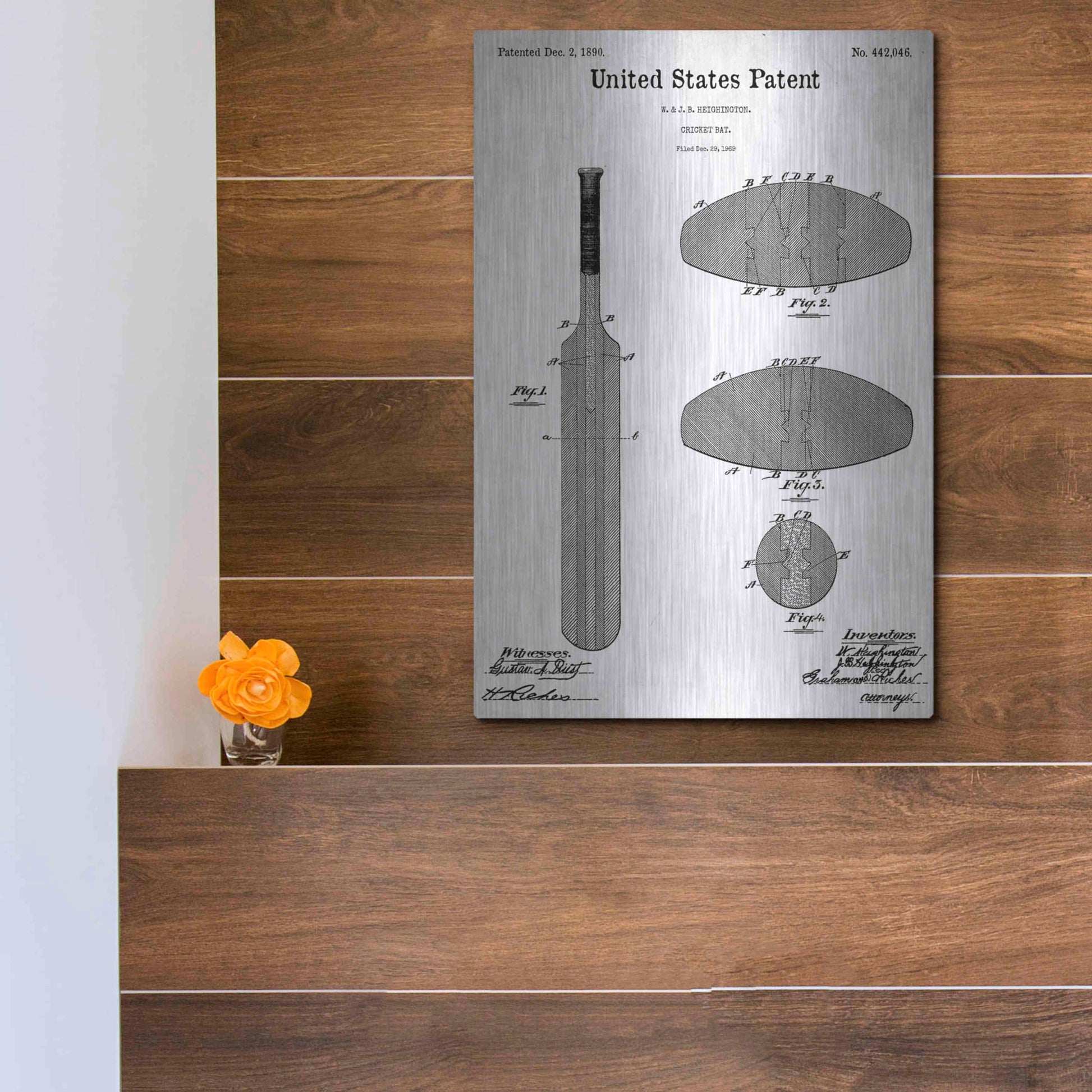 Luxe Metal Art 'Cricket Bat Blueprint Patent White' Acrylic Glass Wall Art,12x16