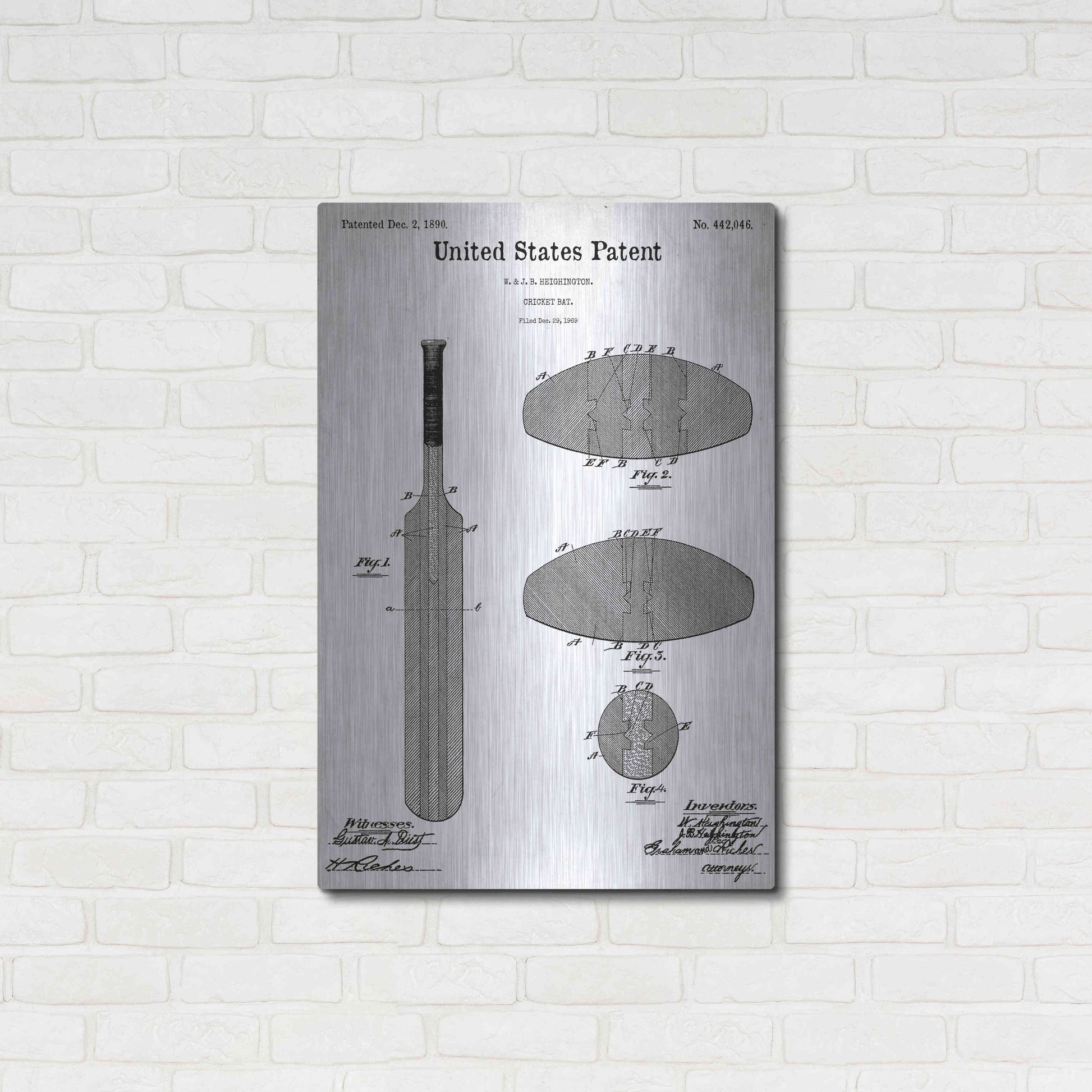 Luxe Metal Art 'Cricket Bat Blueprint Patent White' Acrylic Glass Wall Art,24x36