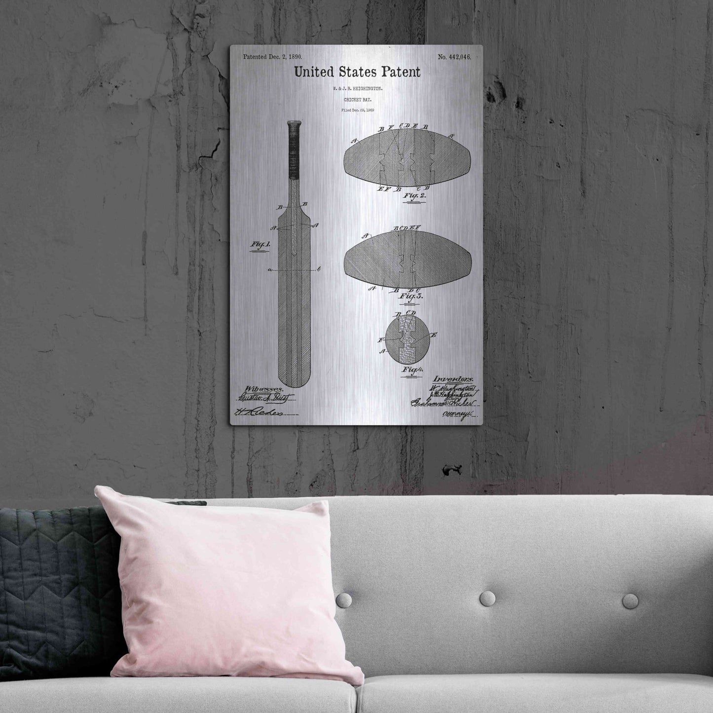 Luxe Metal Art 'Cricket Bat Blueprint Patent White' Acrylic Glass Wall Art,24x36