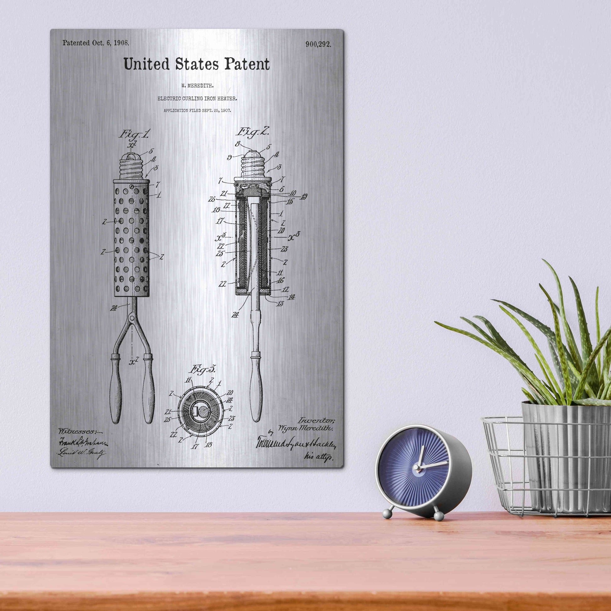 Luxe Metal Art 'Curling Iron Blueprint Patent White' Acrylic Glass Wall Art,12x16