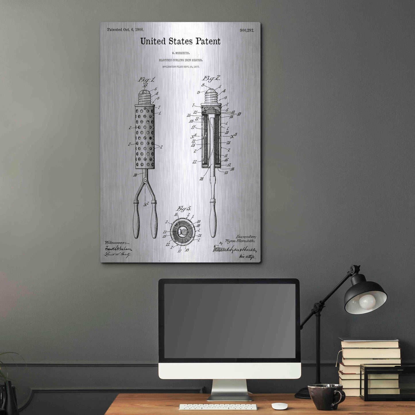 Luxe Metal Art 'Curling Iron Blueprint Patent White' Acrylic Glass Wall Art,24x36