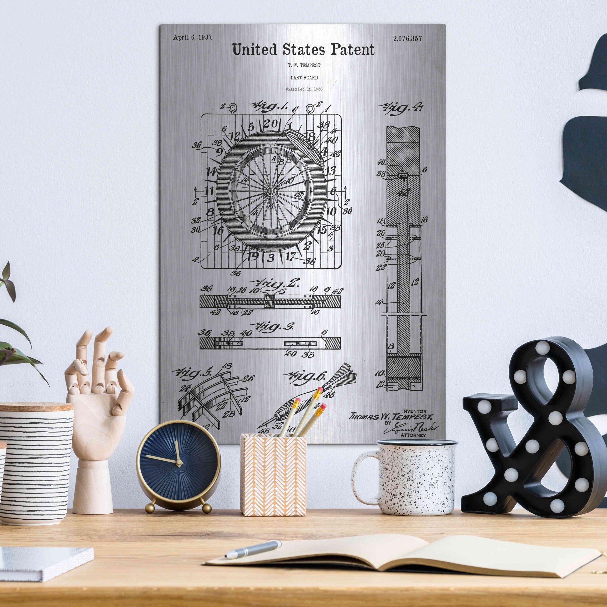 Luxe Metal Art 'Darts Game Blueprint Patent White' Acrylic Glass Wall Art,12x16