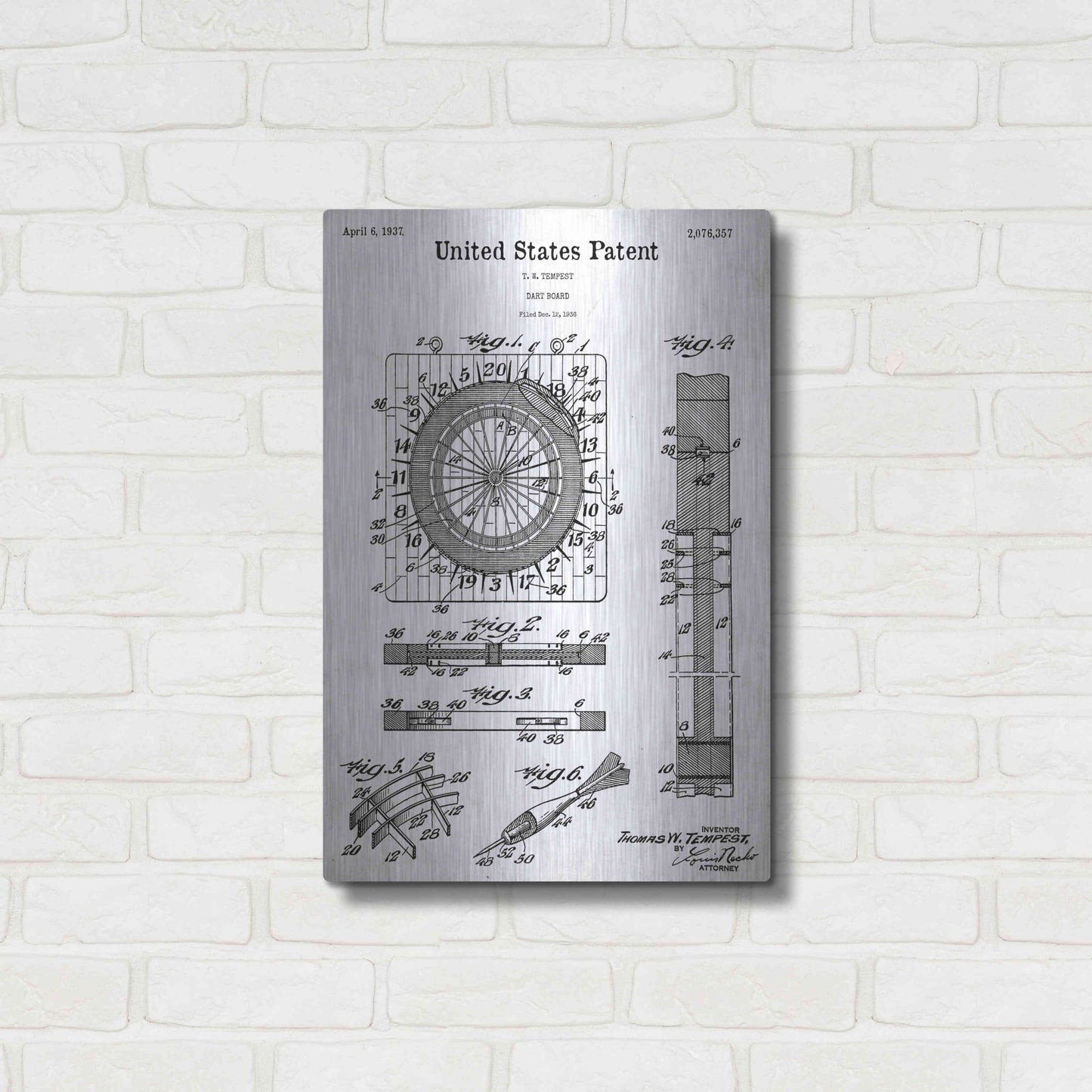 Luxe Metal Art 'Darts Game Blueprint Patent White' Acrylic Glass Wall Art,16x24