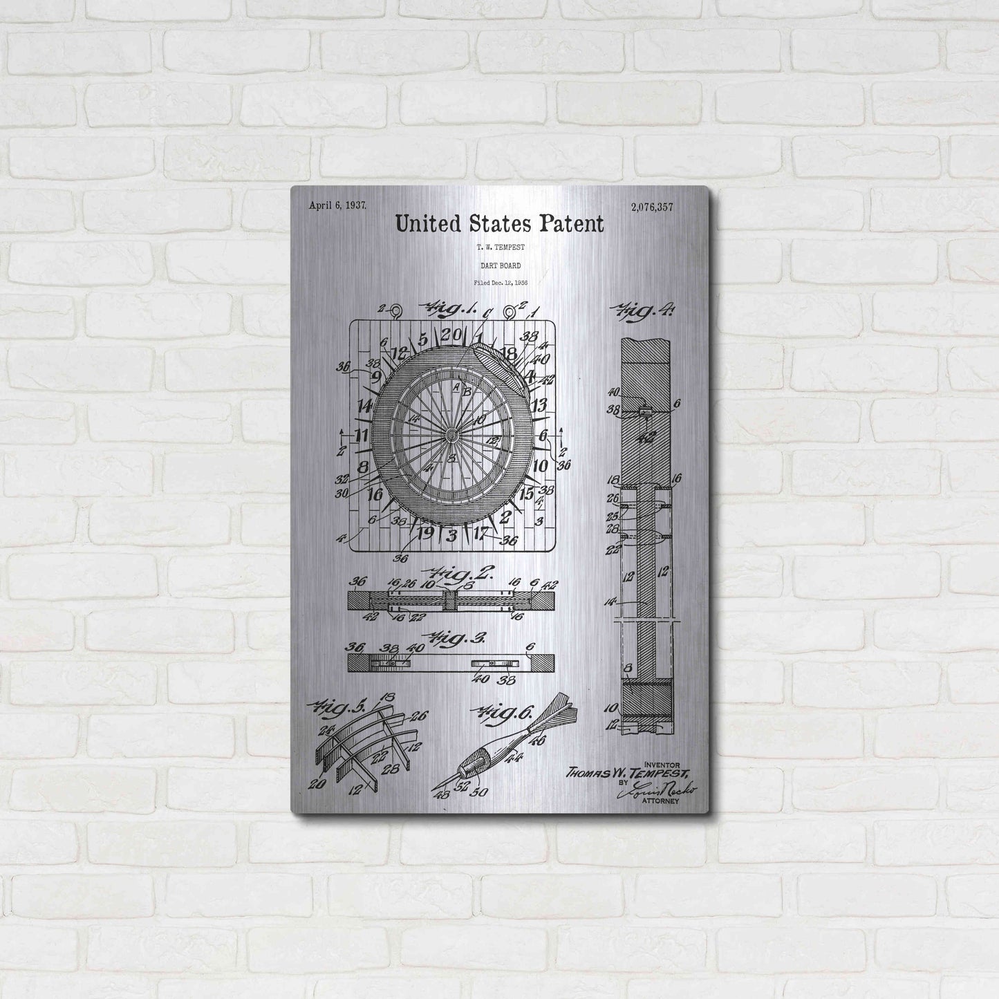 Luxe Metal Art 'Darts Game Blueprint Patent White' Acrylic Glass Wall Art,24x36