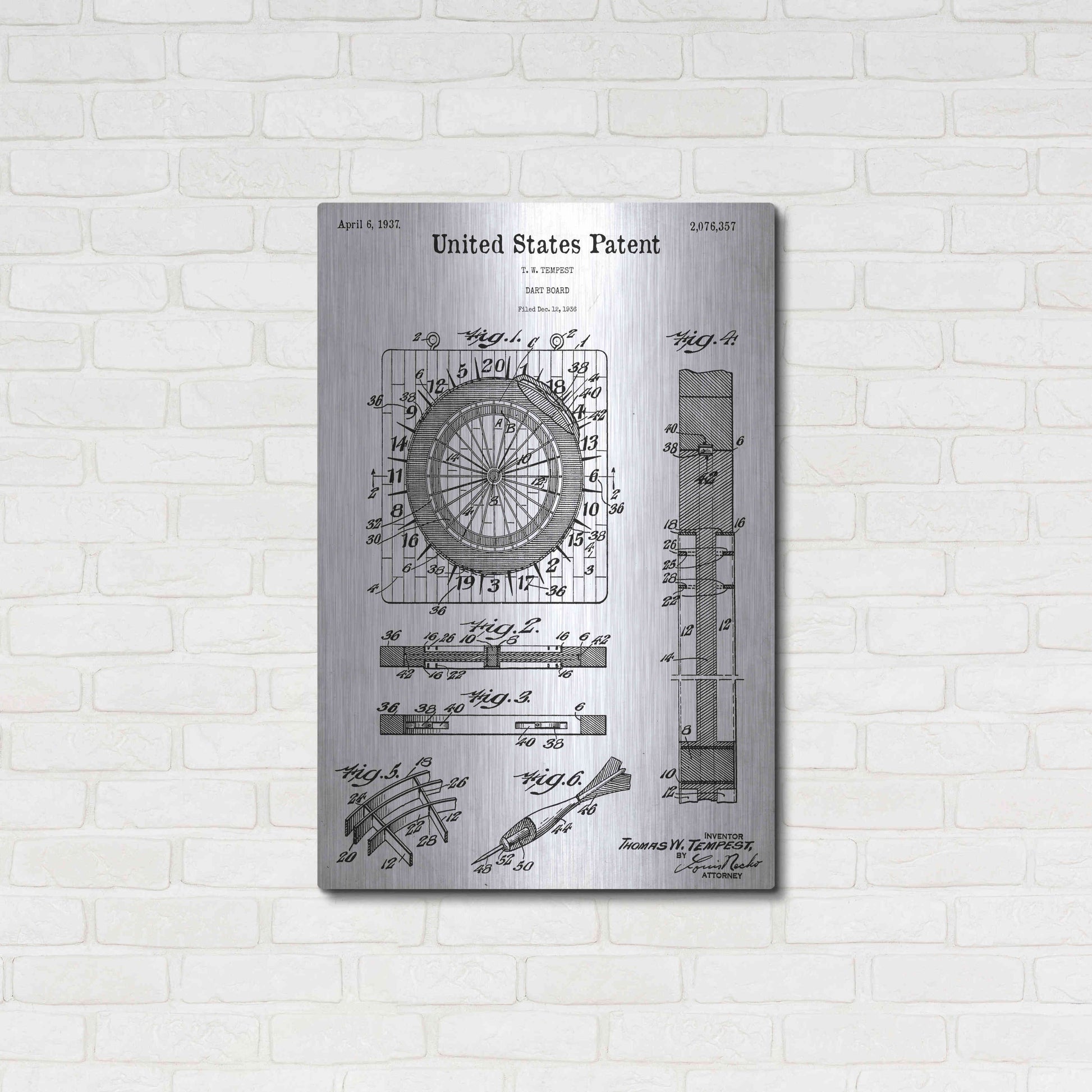 Luxe Metal Art 'Darts Game Blueprint Patent White' Acrylic Glass Wall Art,24x36