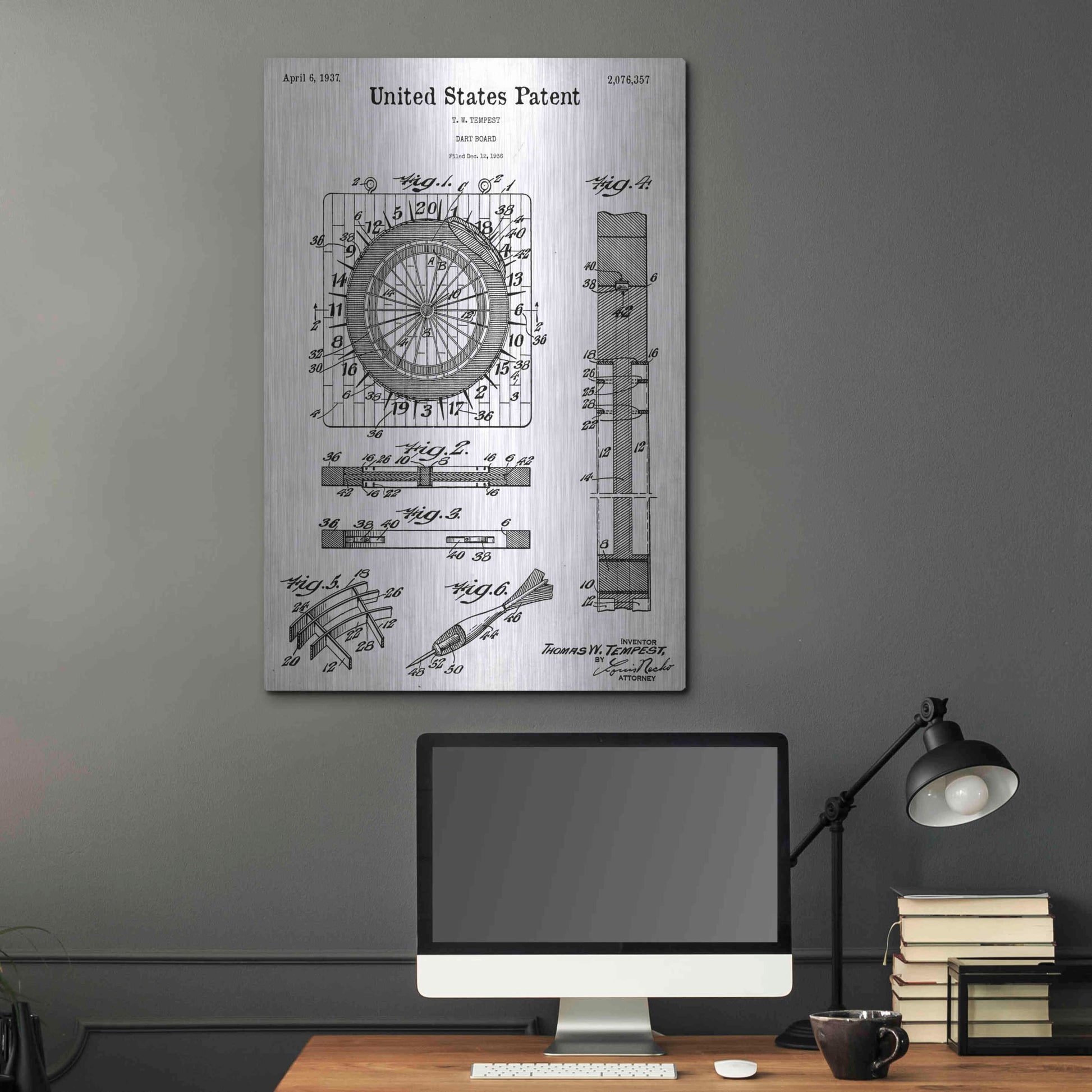 Luxe Metal Art 'Darts Game Blueprint Patent White' Acrylic Glass Wall Art,24x36