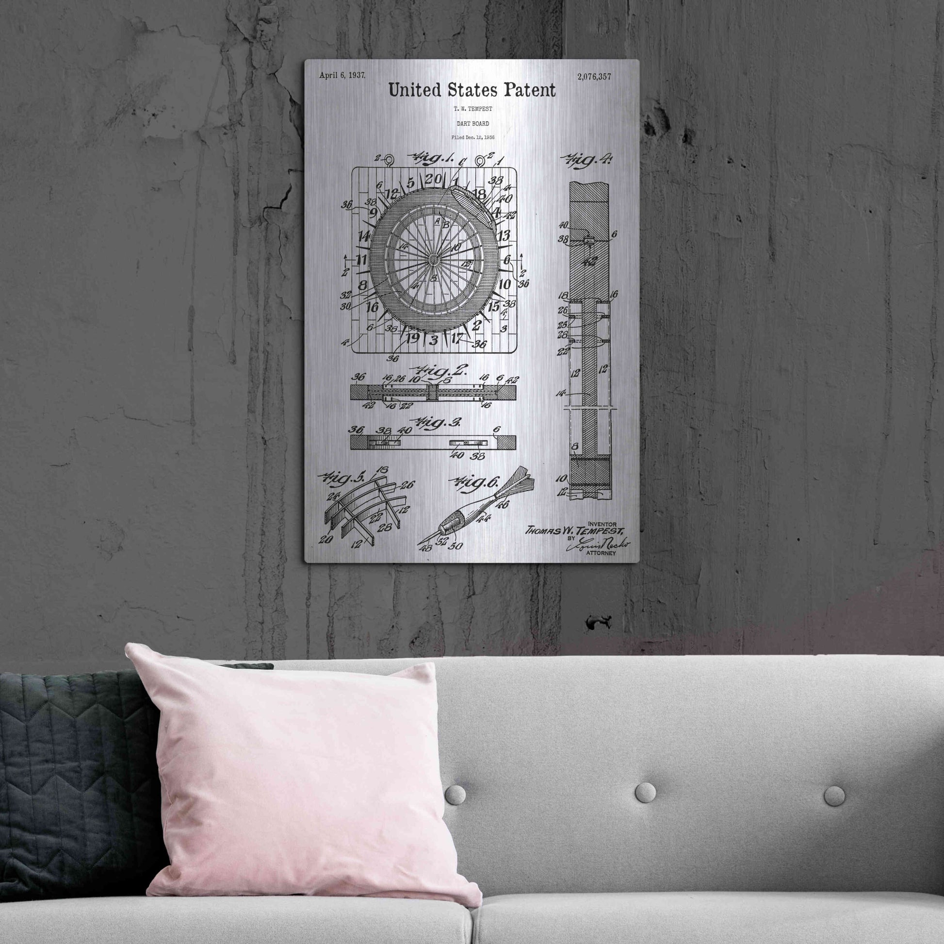 Luxe Metal Art 'Darts Game Blueprint Patent White' Acrylic Glass Wall Art,24x36