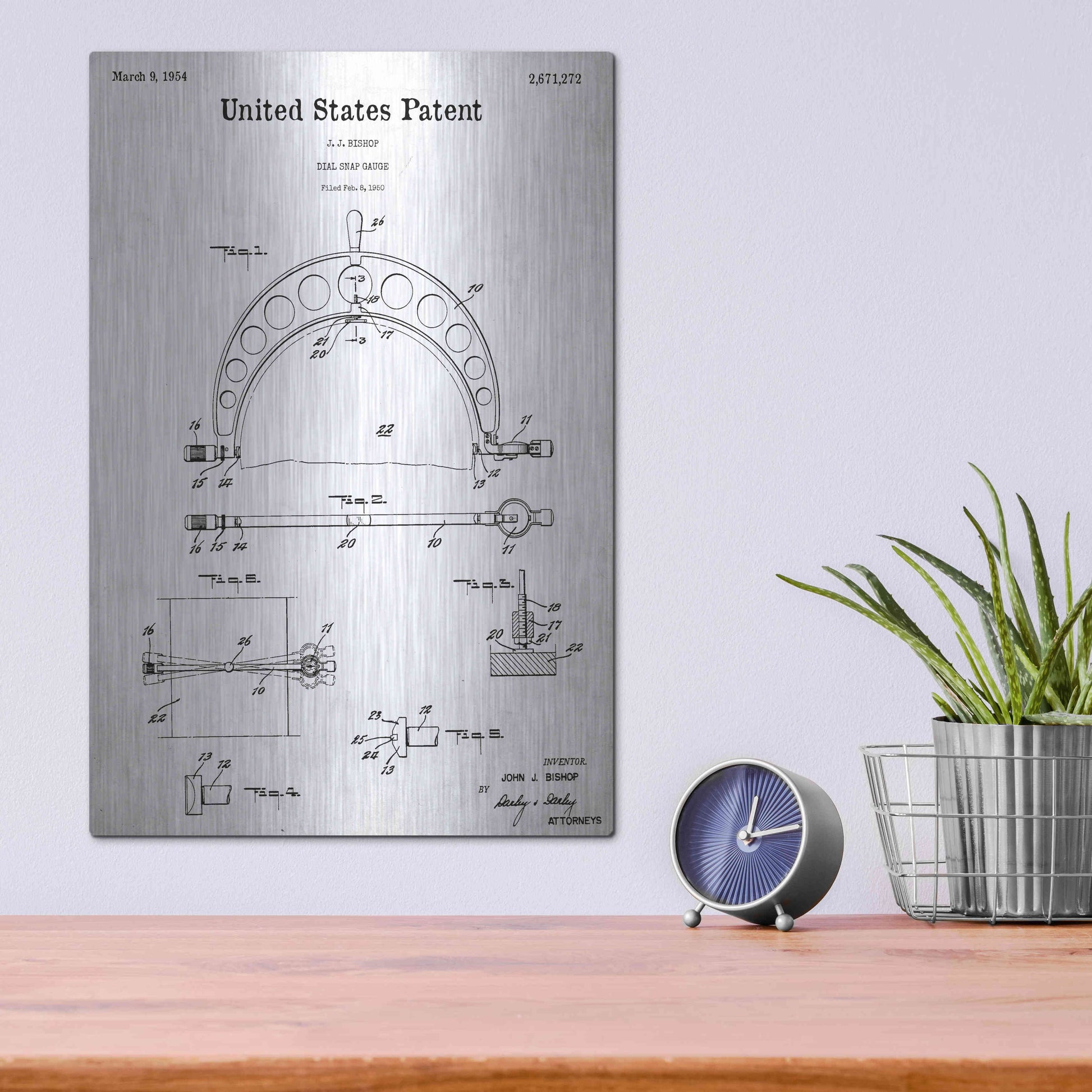 Luxe Metal Art 'Dial Snap Gauge Blueprint Patent White' Acrylic Glass Wall Art,12x16