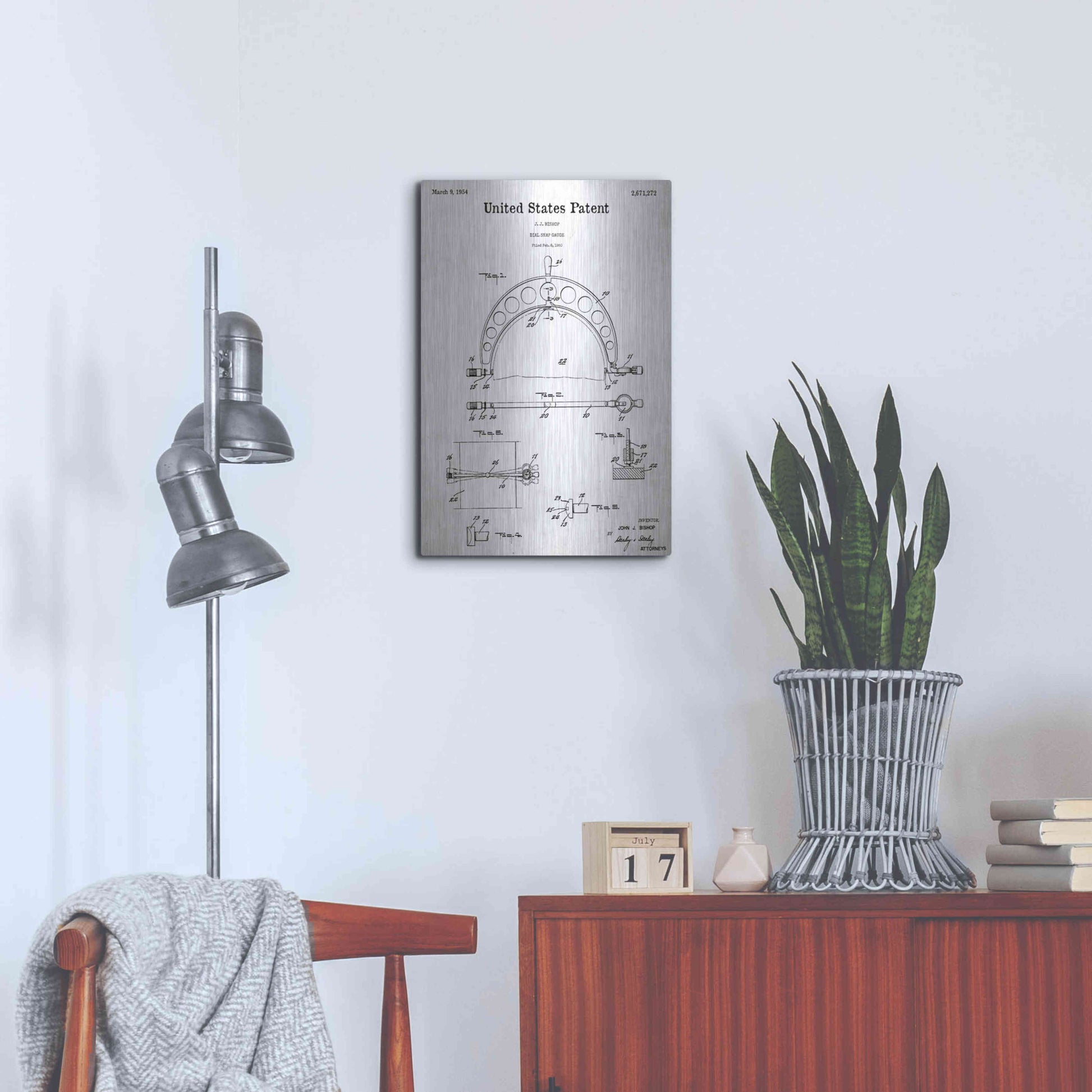 Luxe Metal Art 'Dial Snap Gauge Blueprint Patent White' Acrylic Glass Wall Art,16x24