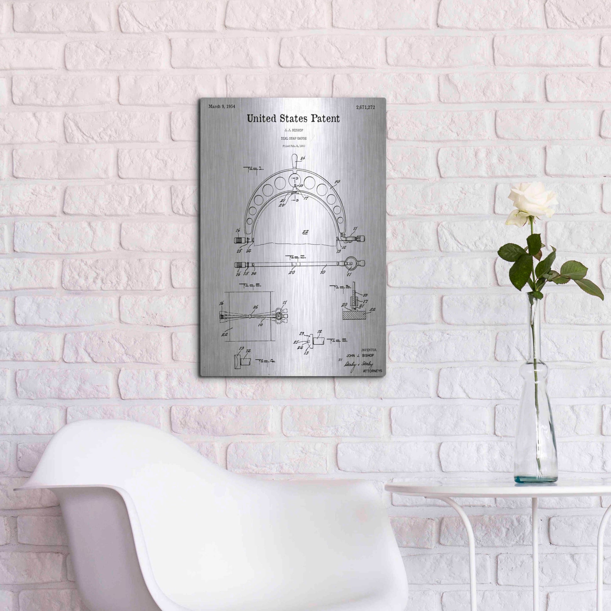 Luxe Metal Art 'Dial Snap Gauge Blueprint Patent White' Acrylic Glass Wall Art,16x24