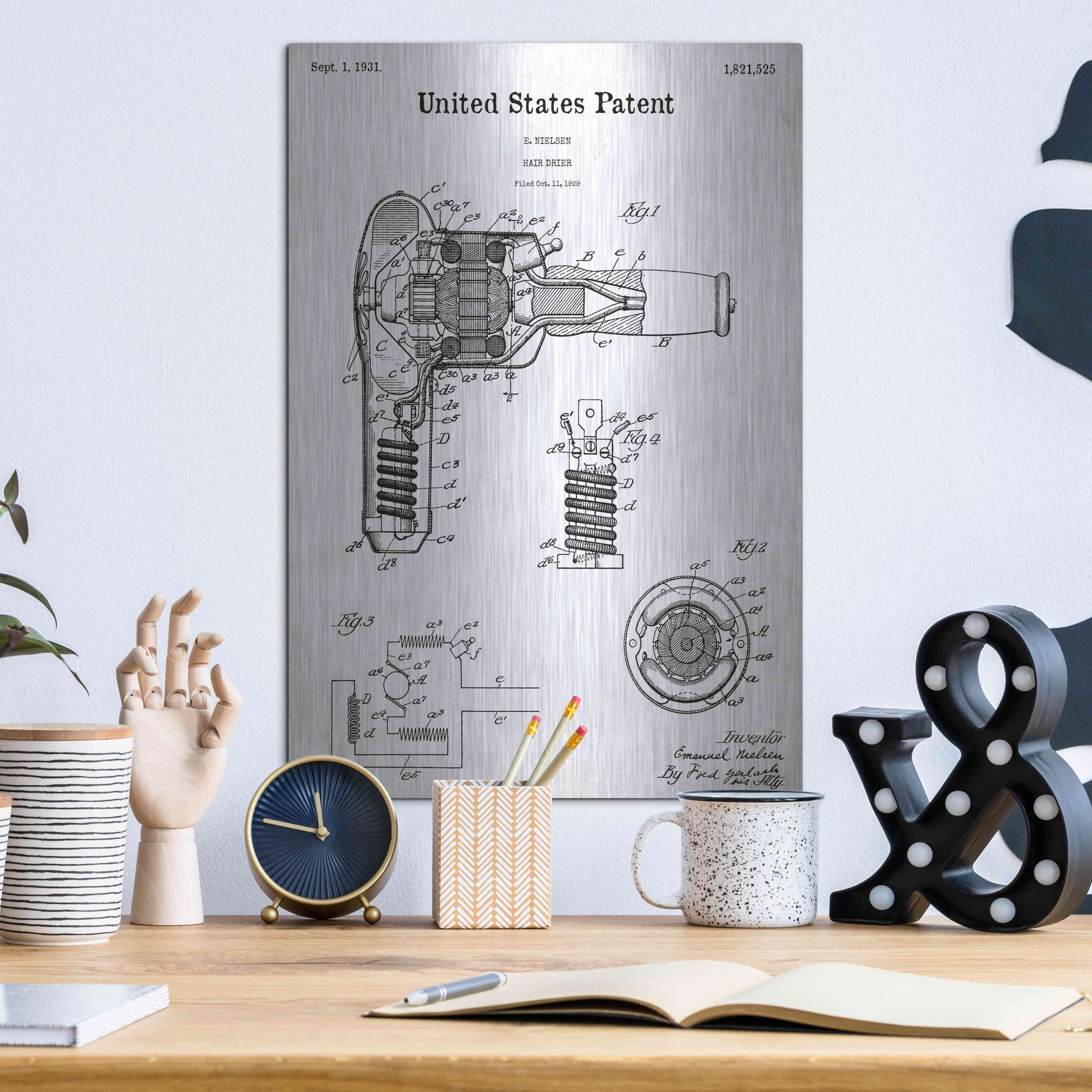 Luxe Metal Art 'Hair Dryer Blueprint Patent White' Acrylic Glass Wall Art,12x16