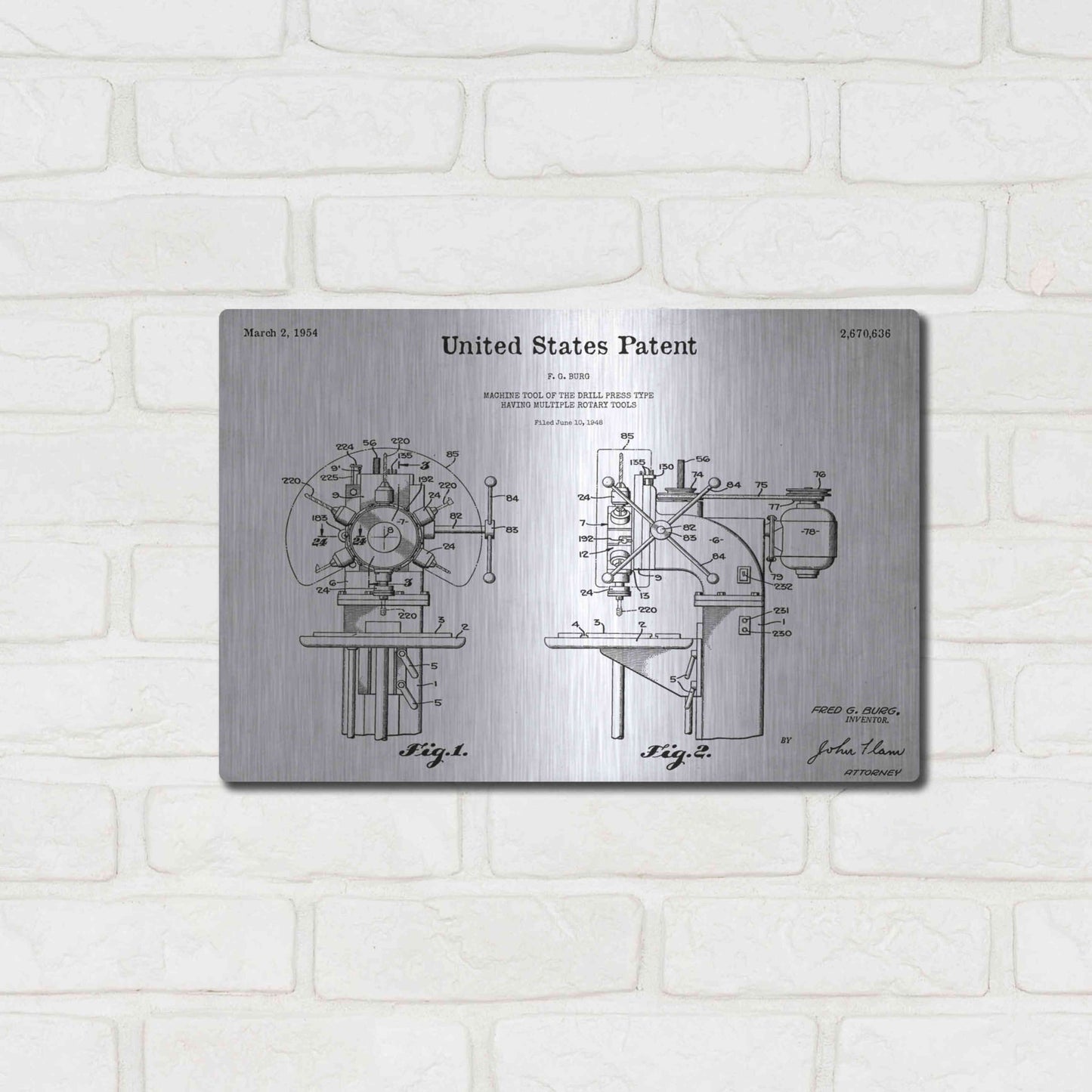 Luxe Metal Art 'Drill Press Blueprint Patent White' Acrylic Glass Wall Art,16x12