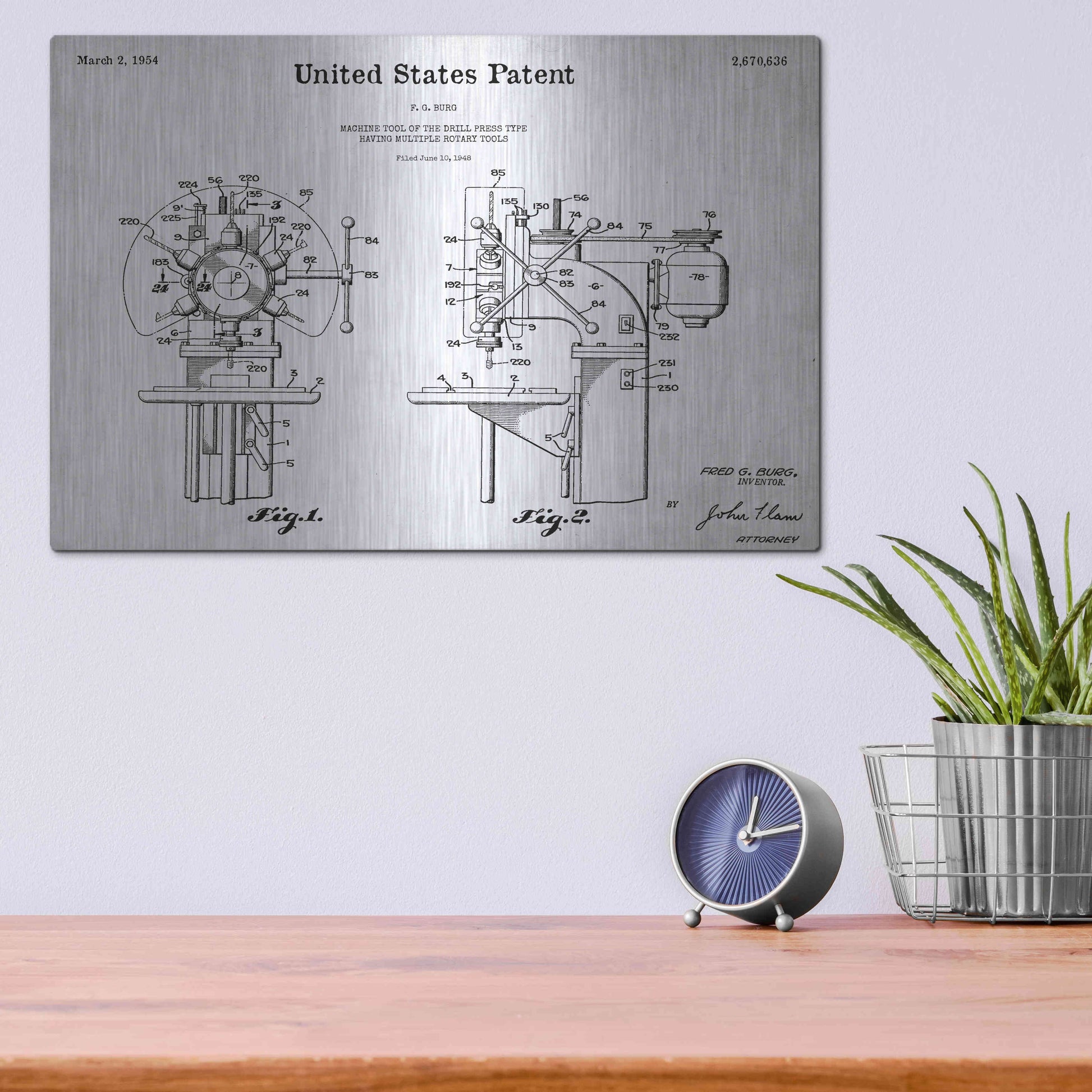 Luxe Metal Art 'Drill Press Blueprint Patent White' Acrylic Glass Wall Art,16x12