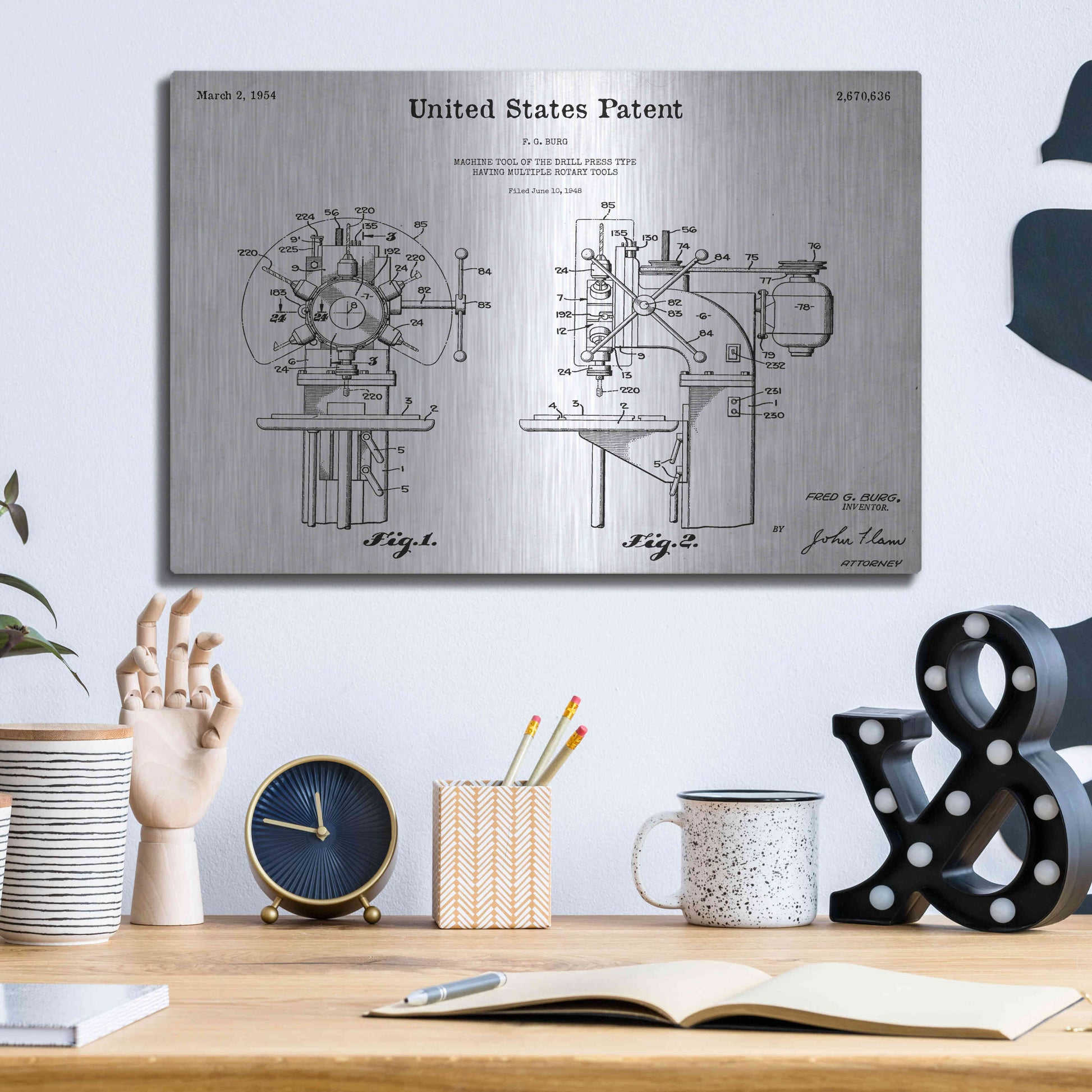 Luxe Metal Art 'Drill Press Blueprint Patent White' Acrylic Glass Wall Art,16x12