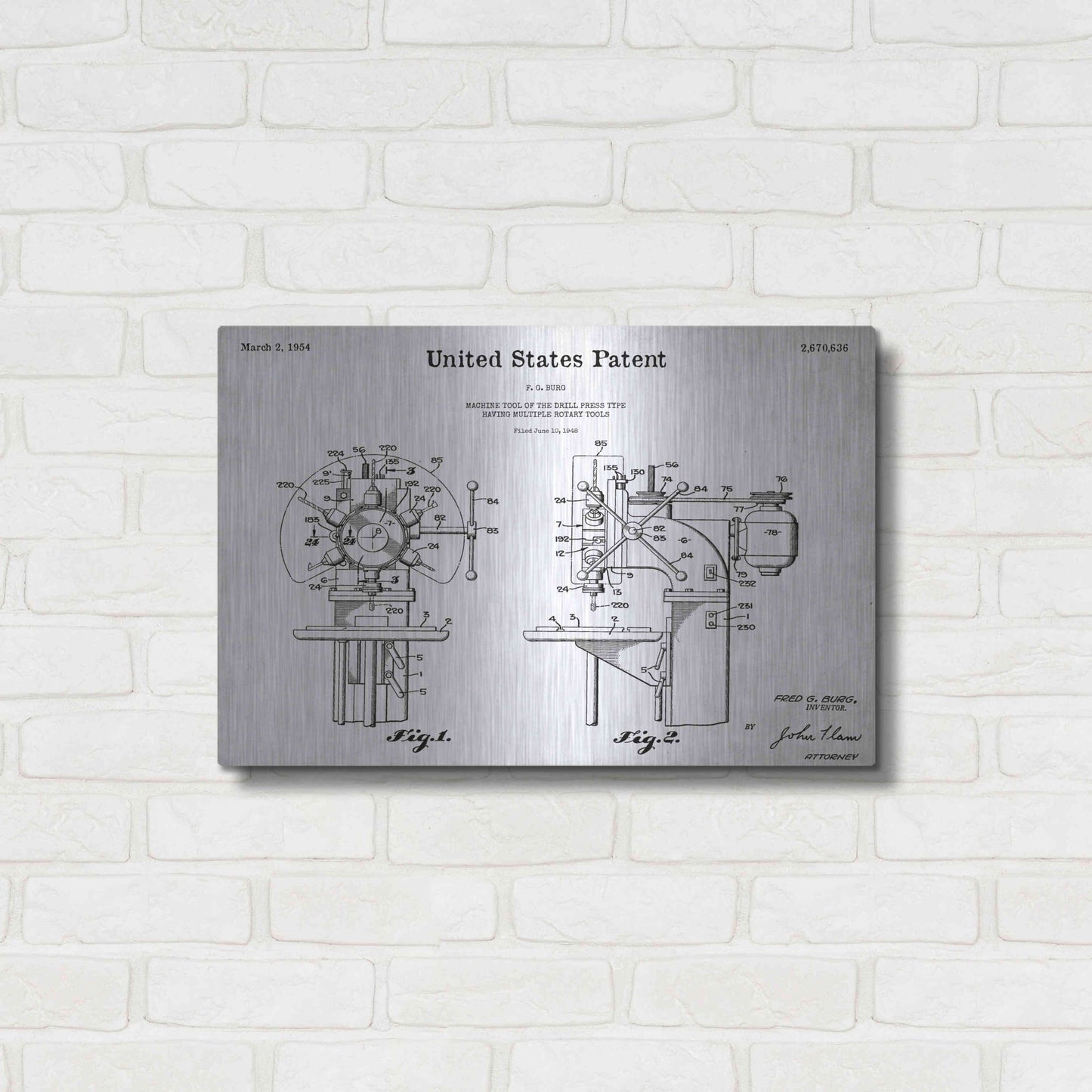 Luxe Metal Art 'Drill Press Blueprint Patent White' Acrylic Glass Wall Art,24x16