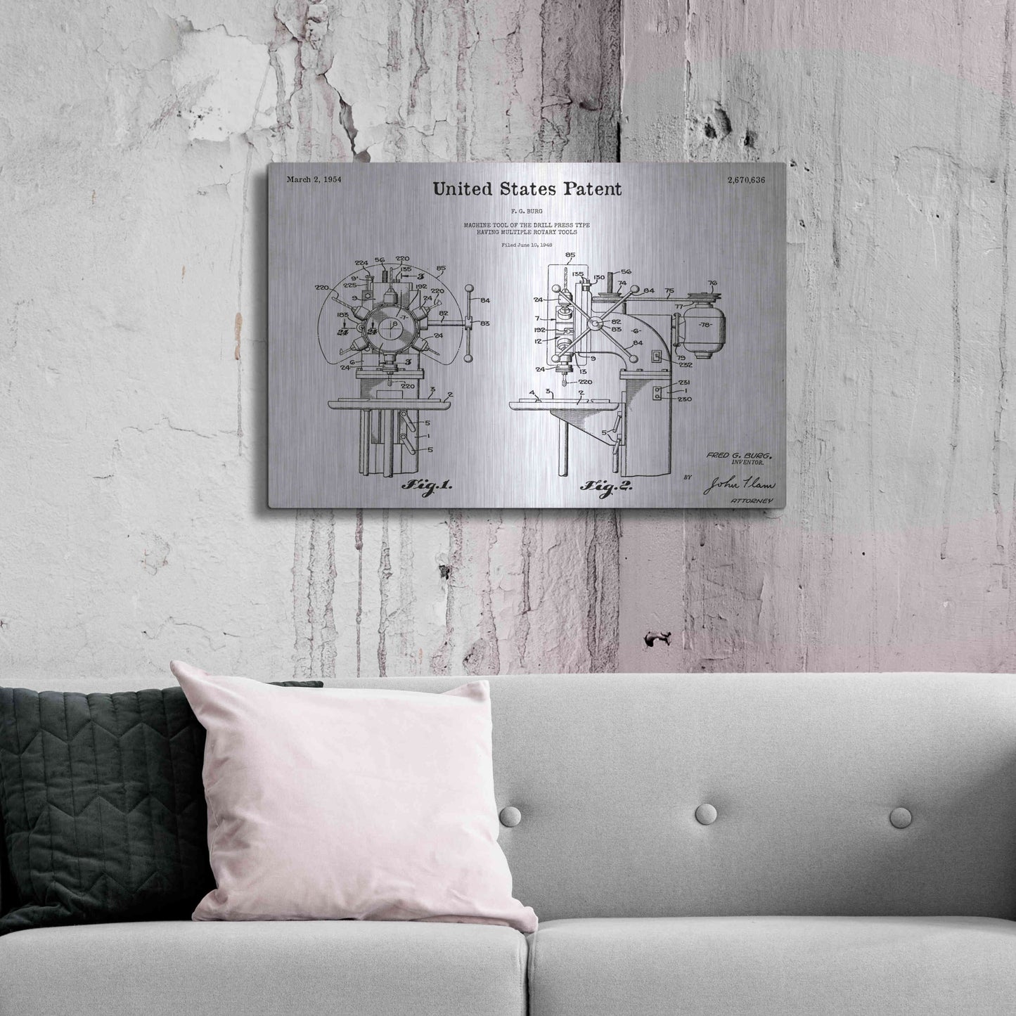 Luxe Metal Art 'Drill Press Blueprint Patent White' Acrylic Glass Wall Art,36x24