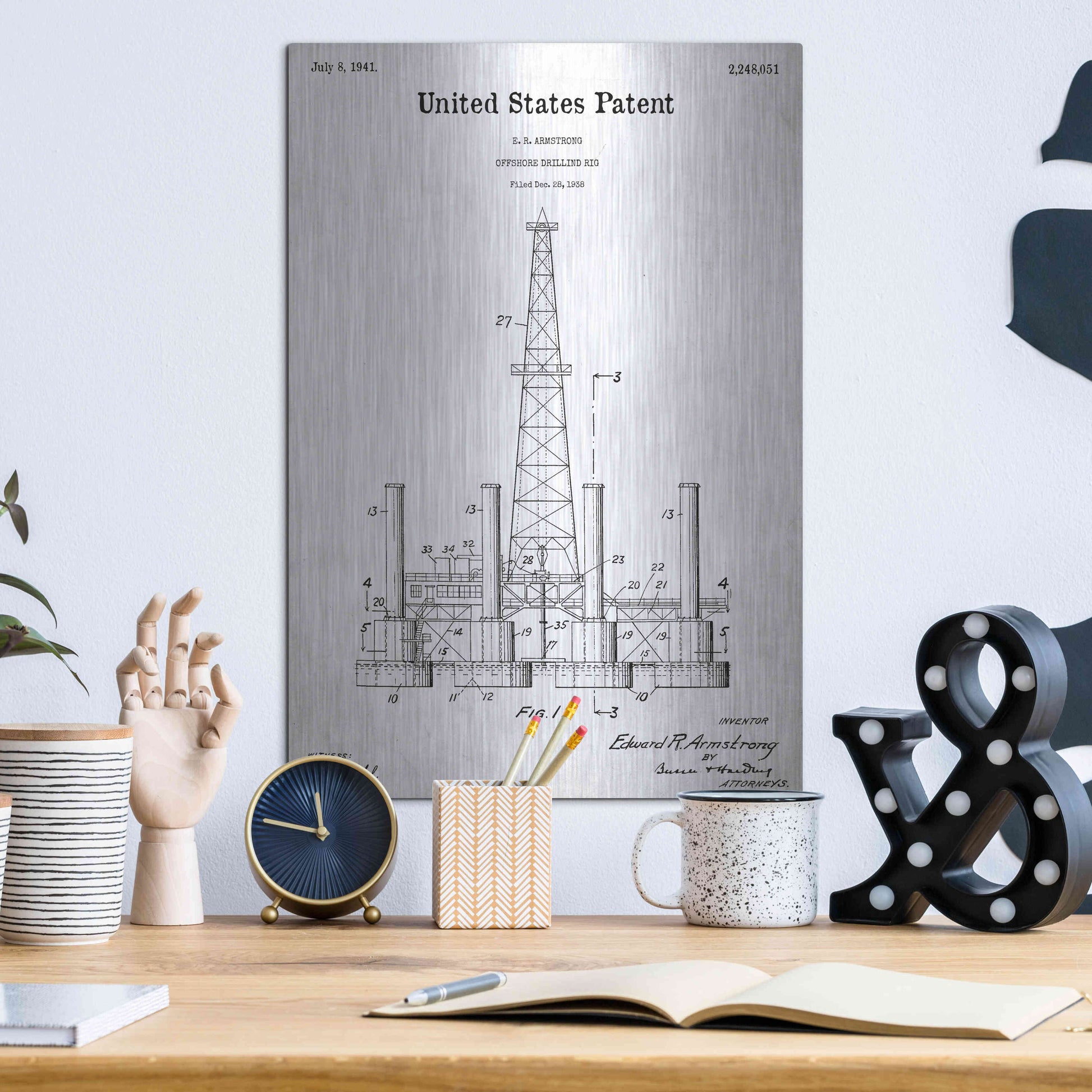 Luxe Metal Art 'Drilling Rig Blueprint Patent White' Acrylic Glass Wall Art,12x16