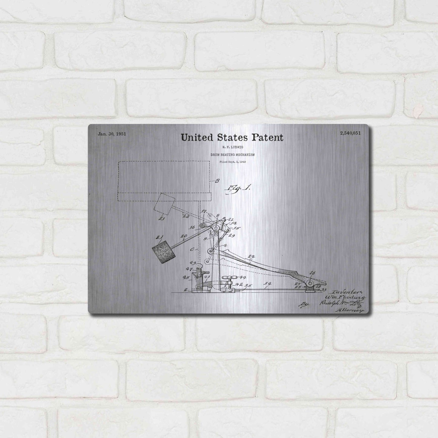 Luxe Metal Art 'Drum Beating Mechanism Blueprint Patent White' Acrylic Glass Wall Art,16x12