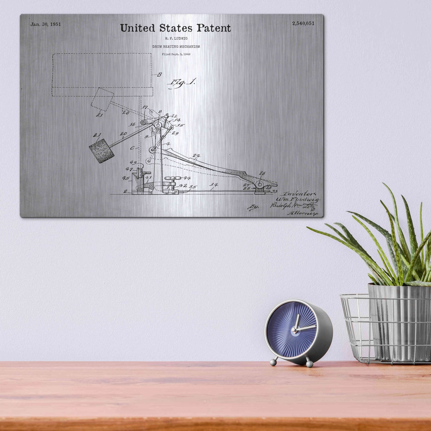 Luxe Metal Art 'Drum Beating Mechanism Blueprint Patent White' Acrylic Glass Wall Art,16x12