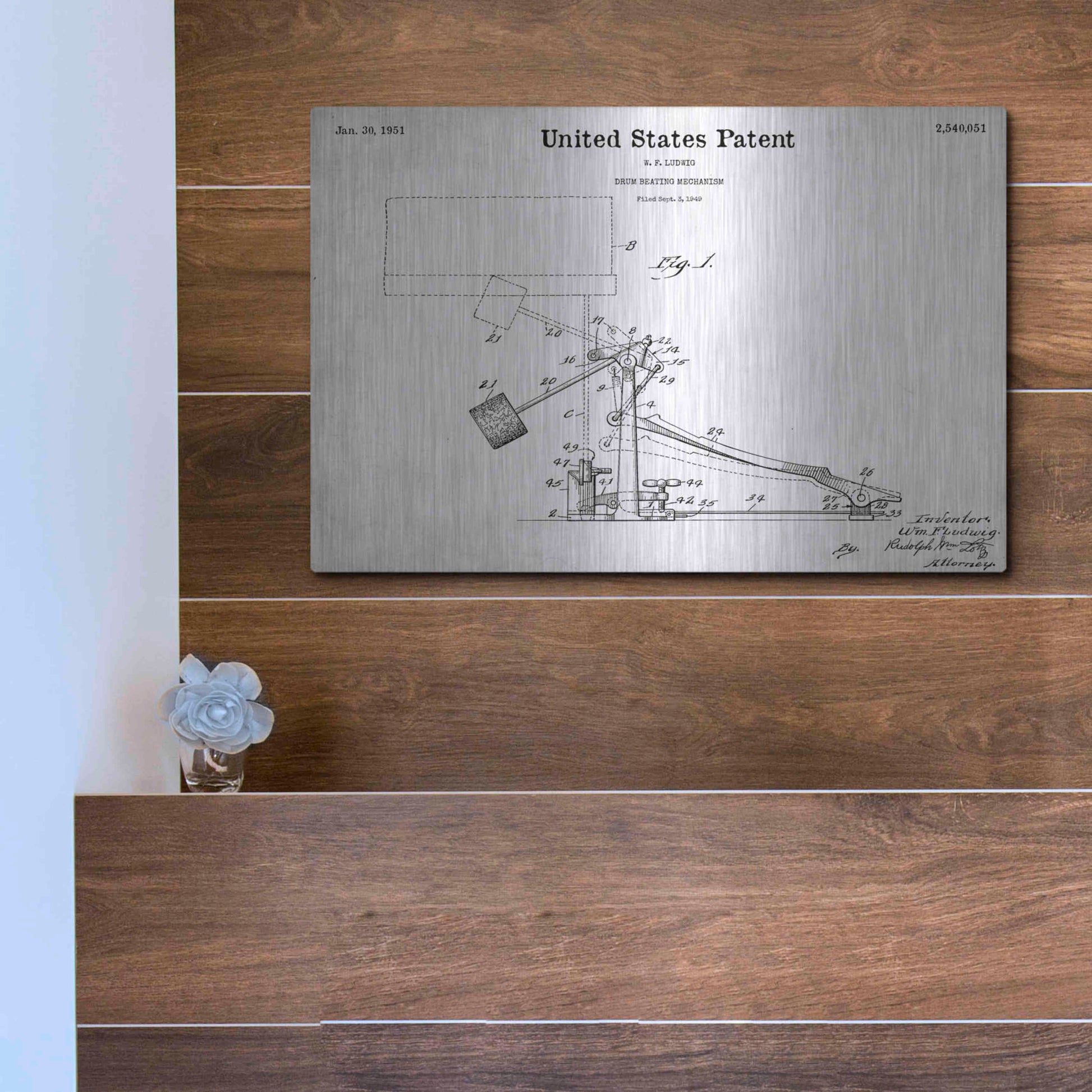 Luxe Metal Art 'Drum Beating Mechanism Blueprint Patent White' Acrylic Glass Wall Art,16x12