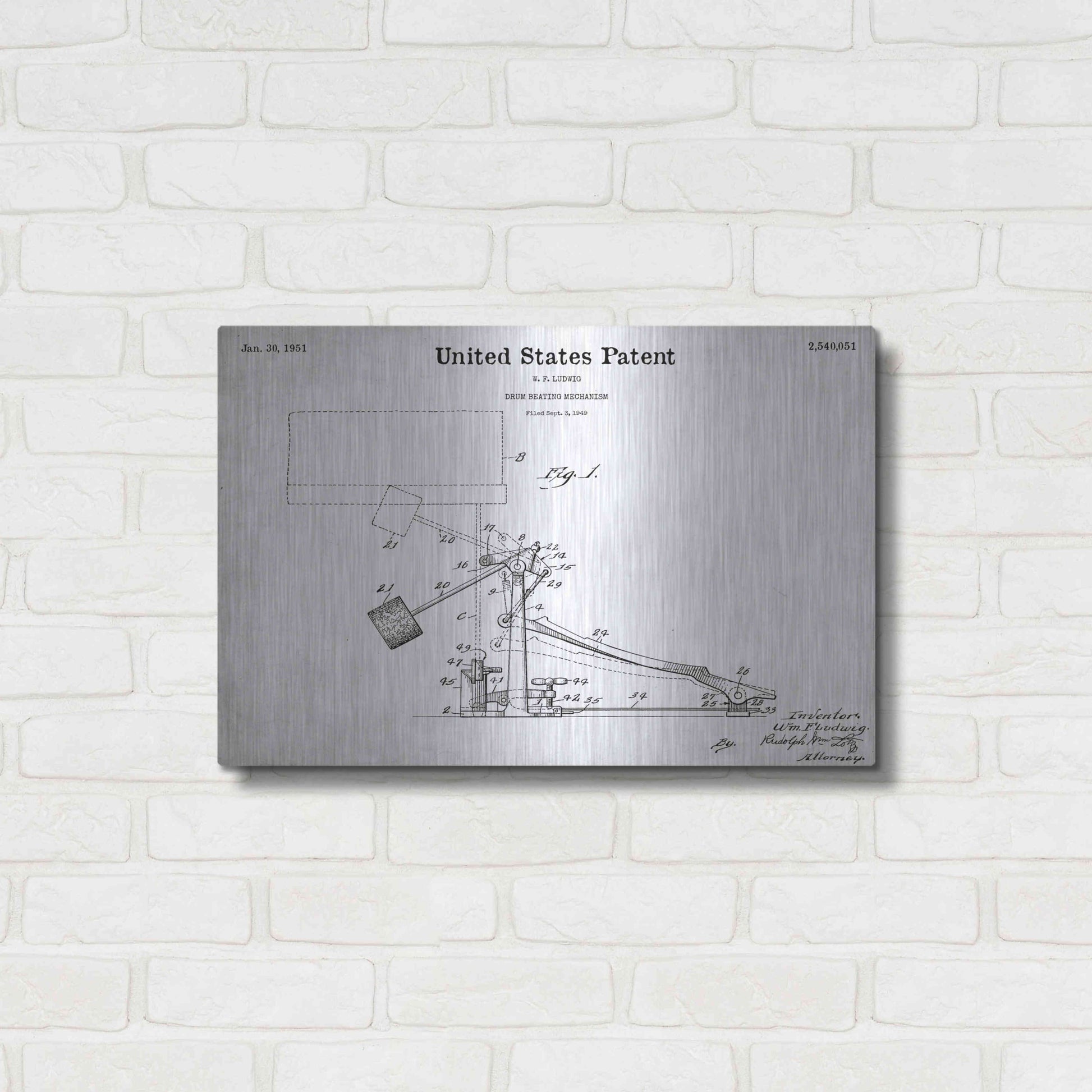 Luxe Metal Art 'Drum Beating Mechanism Blueprint Patent White' Acrylic Glass Wall Art,24x16