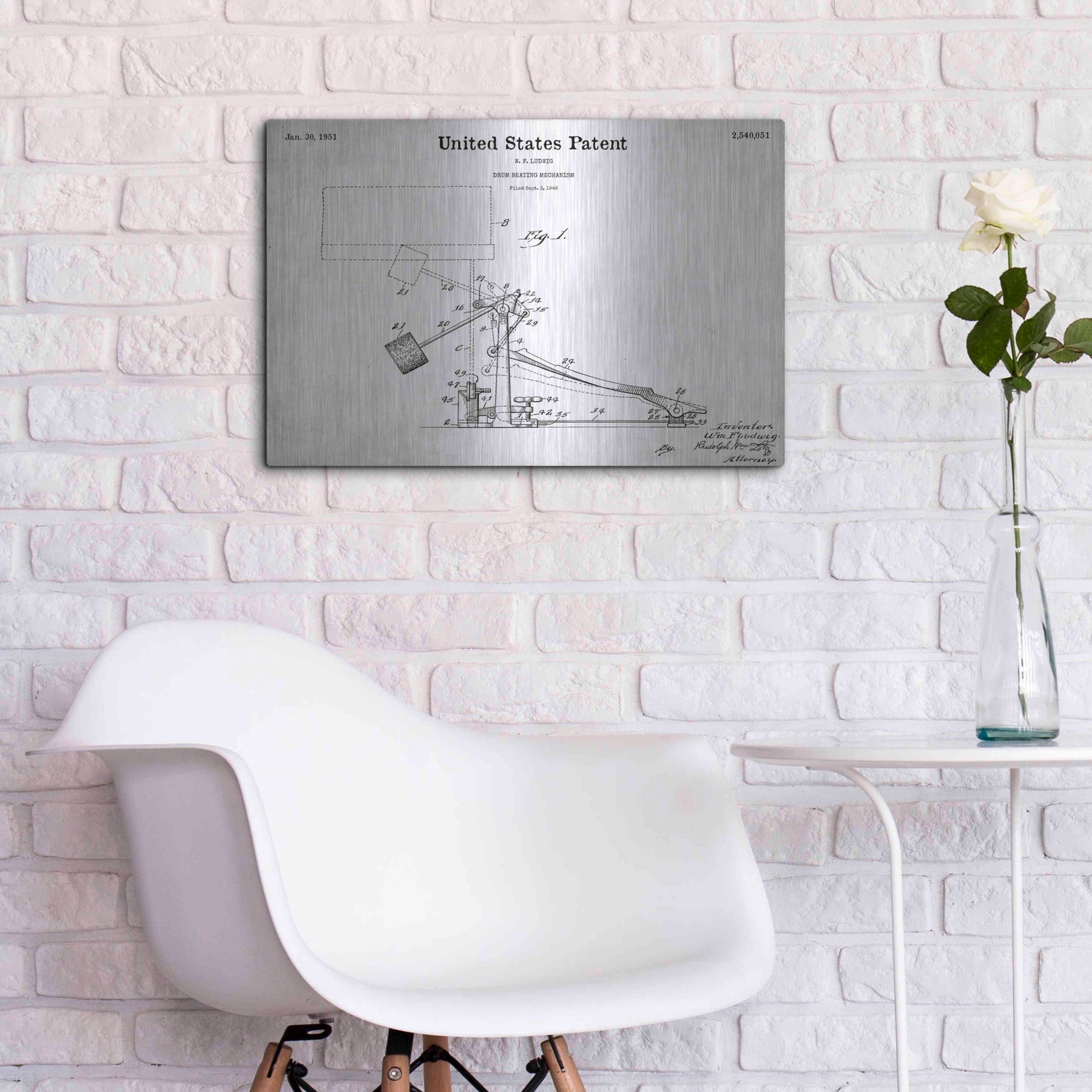 Luxe Metal Art 'Drum Beating Mechanism Blueprint Patent White' Acrylic Glass Wall Art,24x16