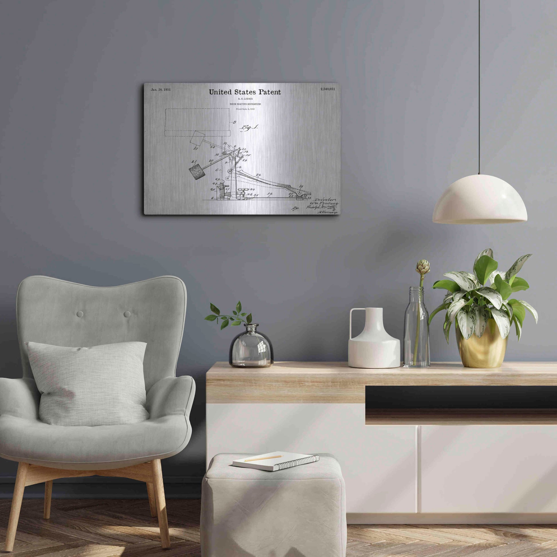 Luxe Metal Art 'Drum Beating Mechanism Blueprint Patent White' Acrylic Glass Wall Art,24x16