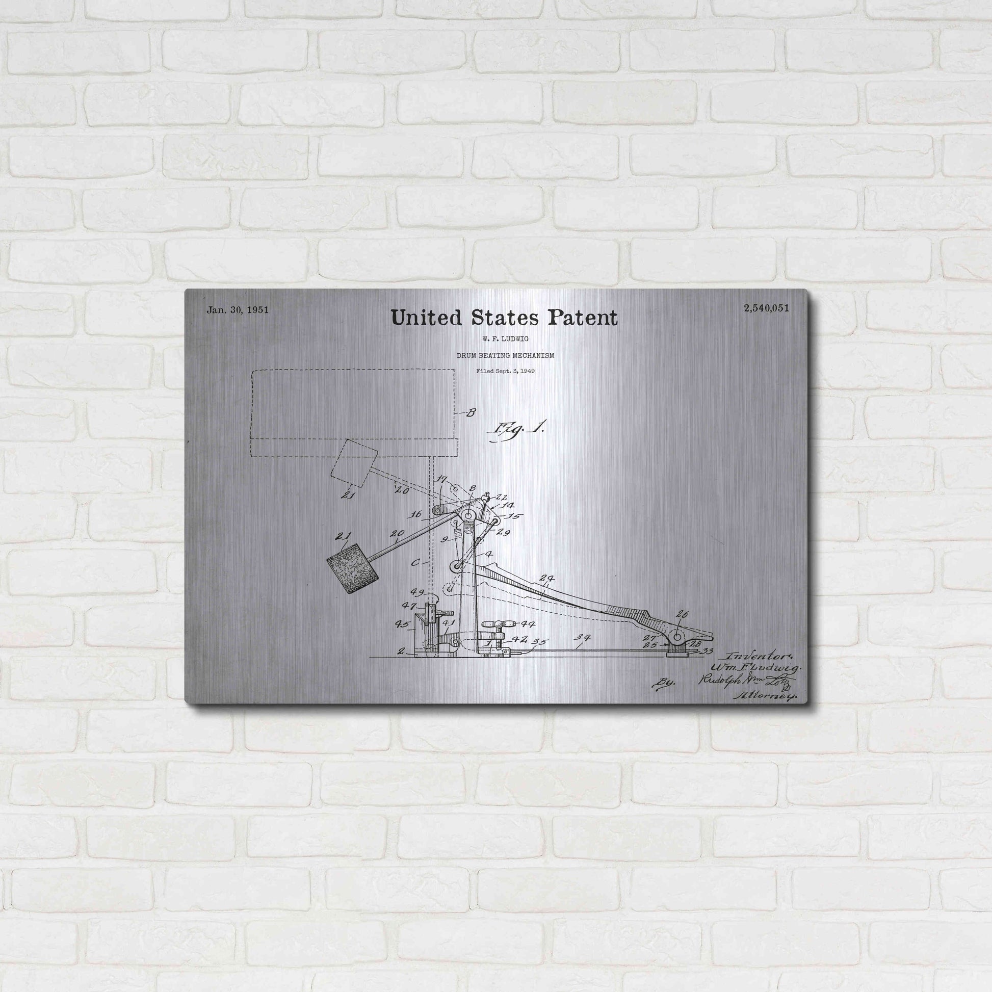 Luxe Metal Art 'Drum Beating Mechanism Blueprint Patent White' Acrylic Glass Wall Art,36x24