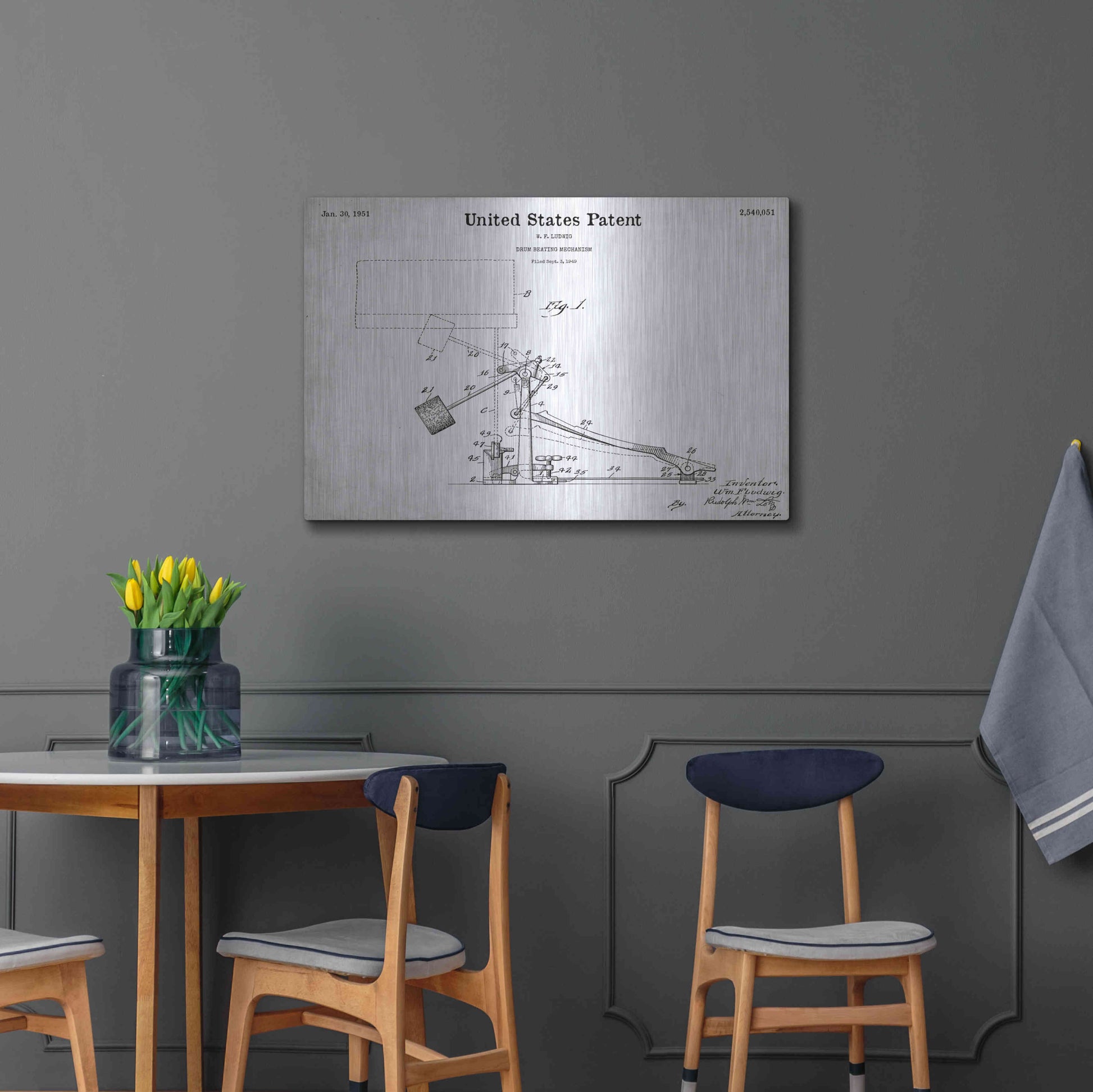 Luxe Metal Art 'Drum Beating Mechanism Blueprint Patent White' Acrylic Glass Wall Art,36x24