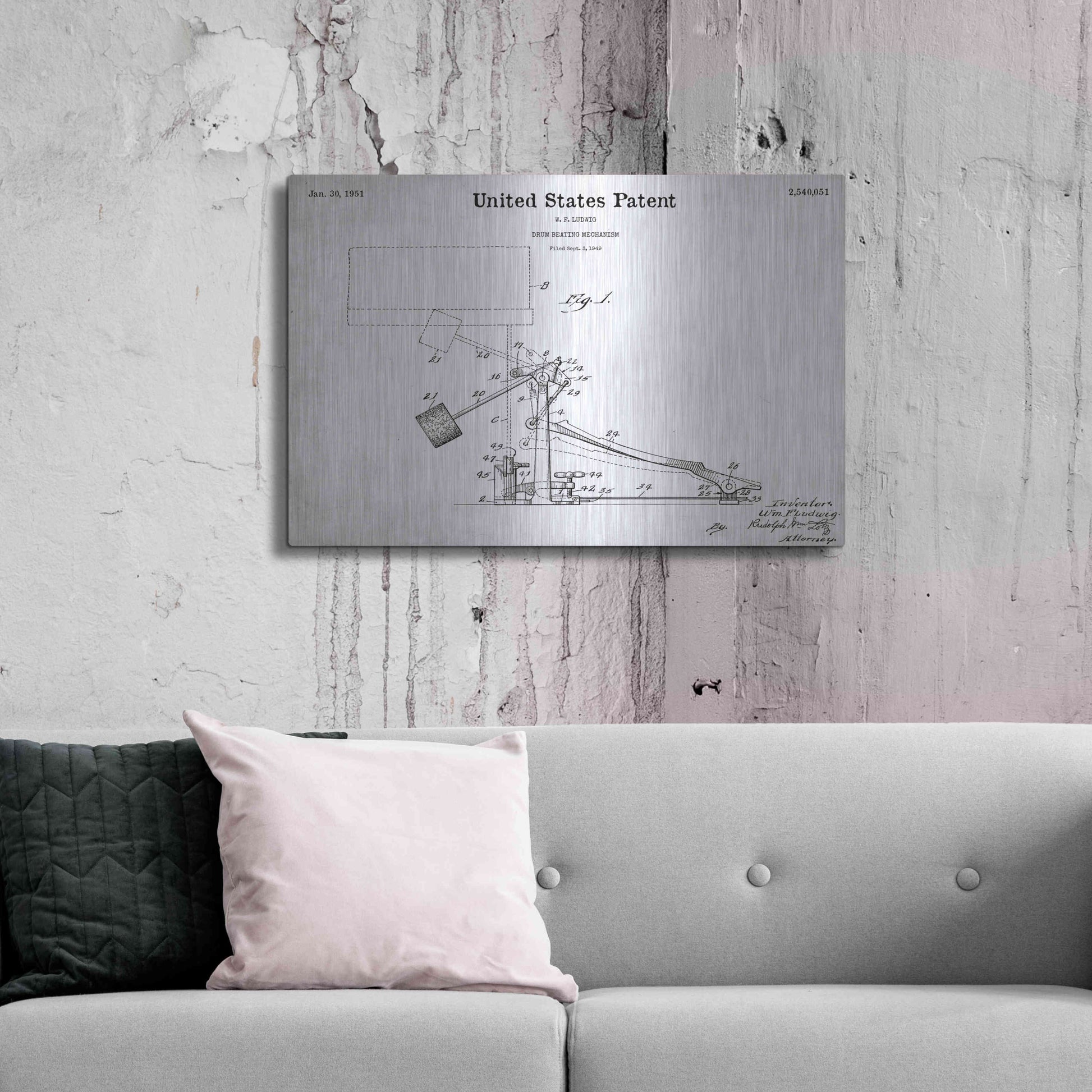 Luxe Metal Art 'Drum Beating Mechanism Blueprint Patent White' Acrylic Glass Wall Art,36x24