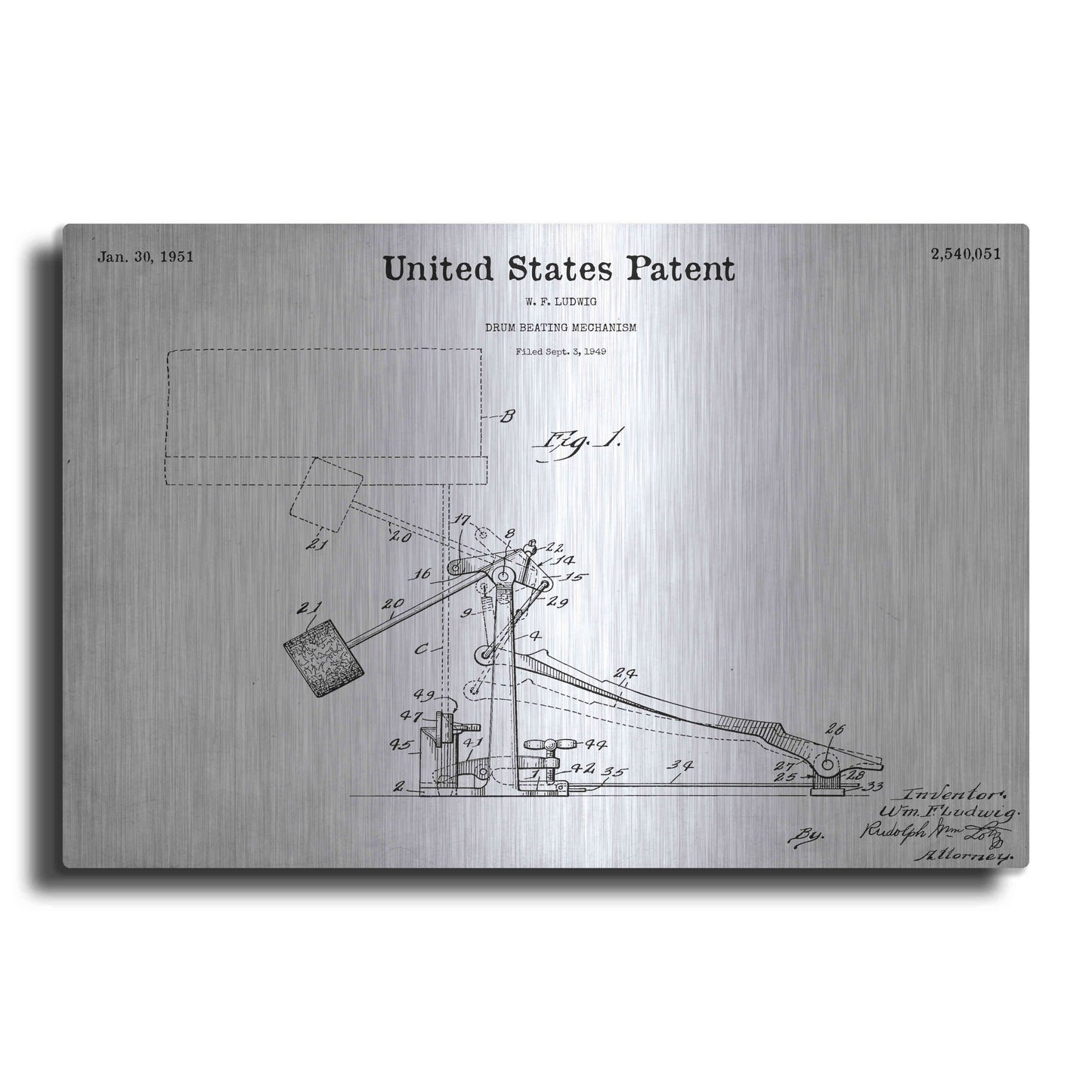 Luxe Metal Art 'Drum Beating Mechanism Blueprint Patent White' Acrylic Glass Wall Art