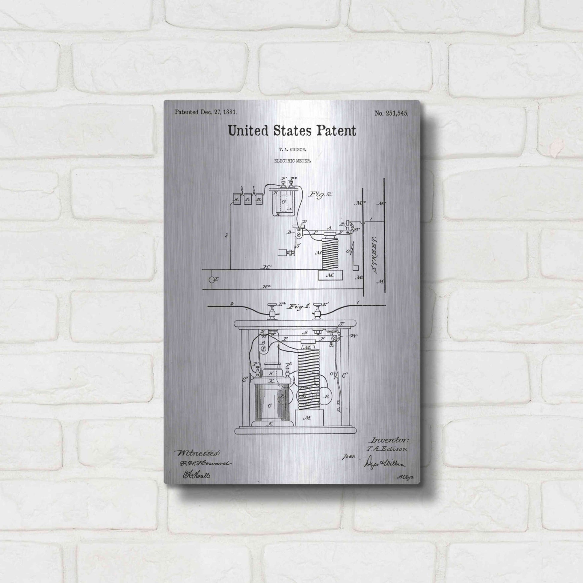 Luxe Metal Art 'Edison Electric Meter Blueprint Patent White' Acrylic Glass Wall Art,12x16