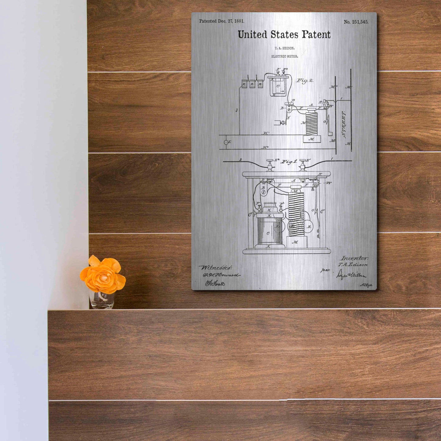 Luxe Metal Art 'Edison Electric Meter Blueprint Patent White' Acrylic Glass Wall Art,12x16