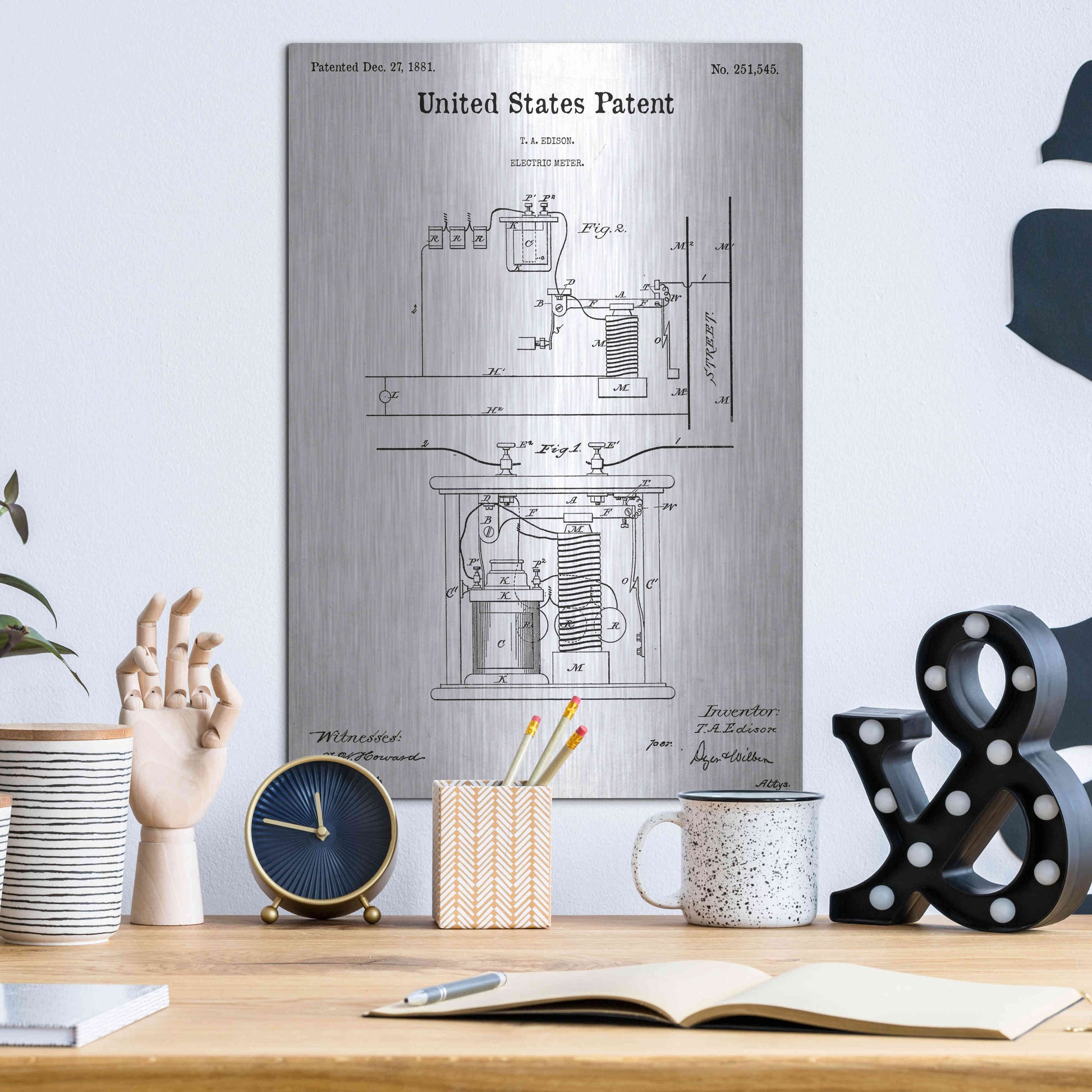 Luxe Metal Art 'Edison Electric Meter Blueprint Patent White' Acrylic Glass Wall Art,12x16