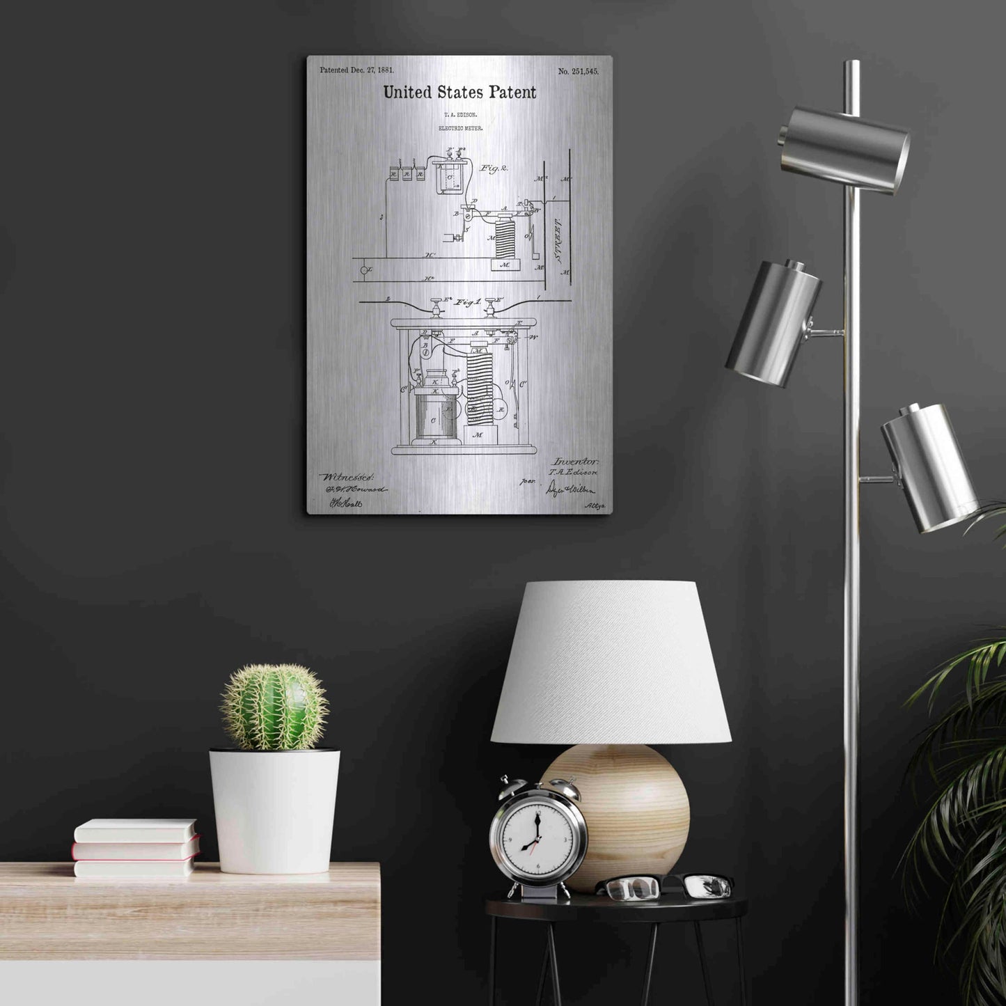 Luxe Metal Art 'Edison Electric Meter Blueprint Patent White' Acrylic Glass Wall Art,16x24