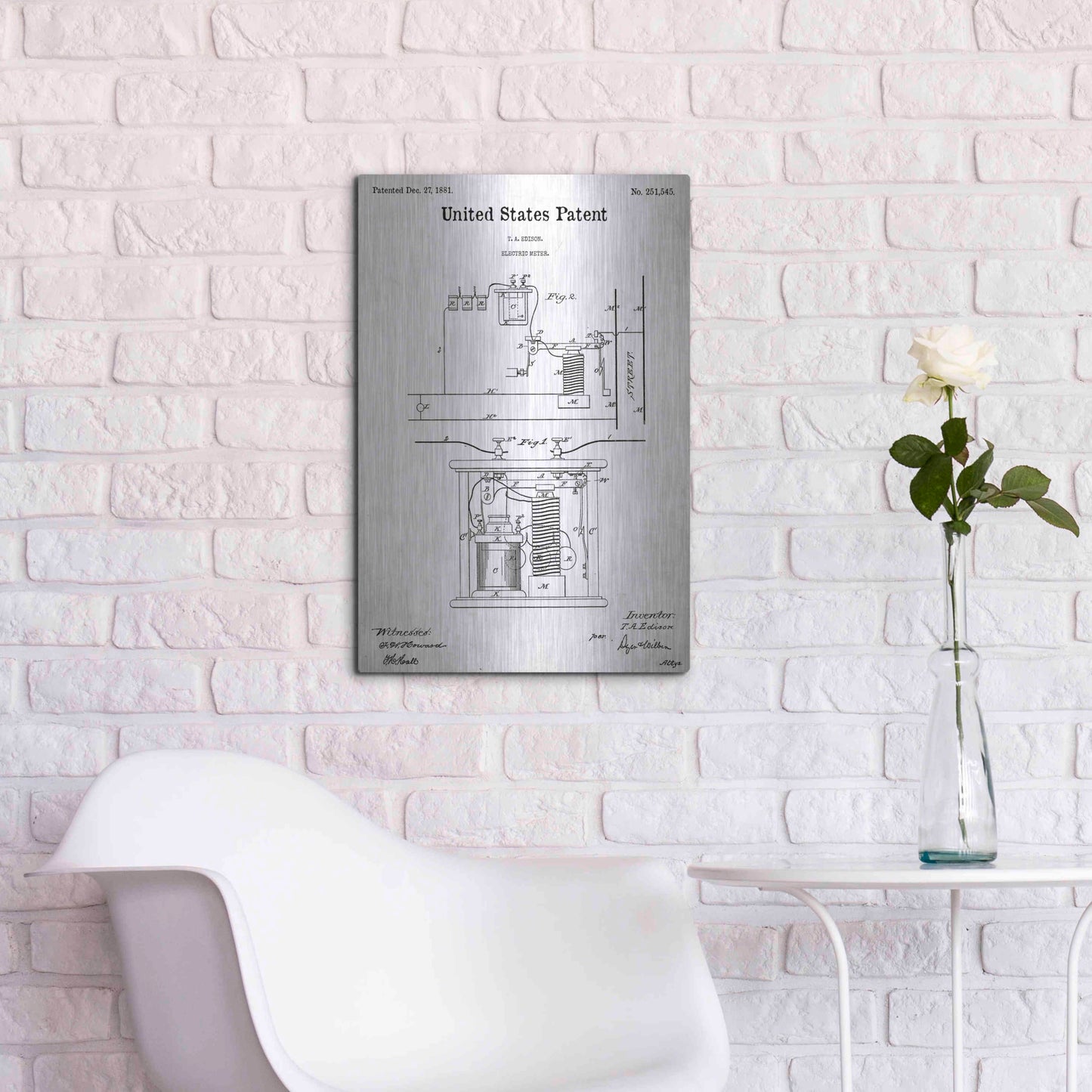 Luxe Metal Art 'Edison Electric Meter Blueprint Patent White' Acrylic Glass Wall Art,16x24