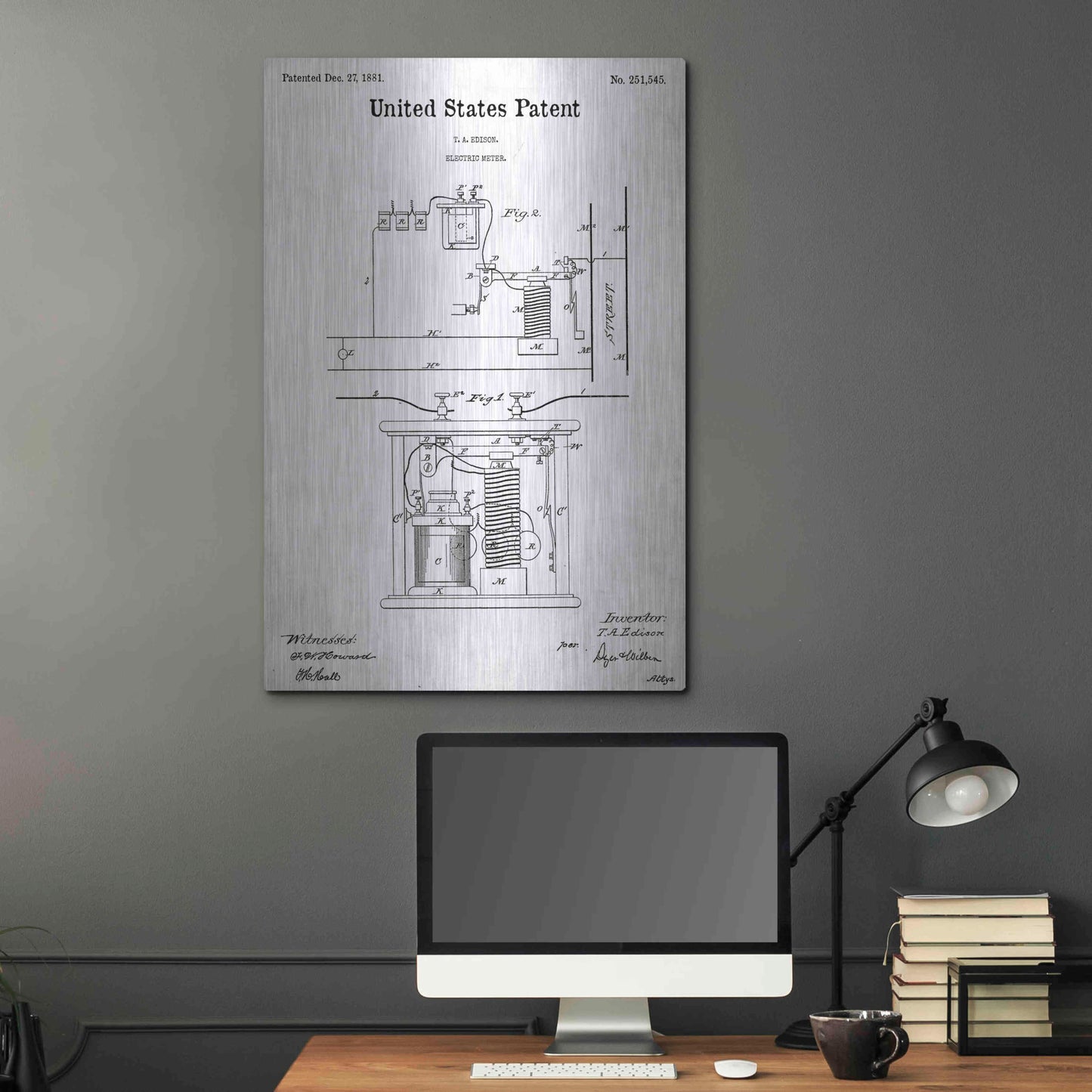 Luxe Metal Art 'Edison Electric Meter Blueprint Patent White' Acrylic Glass Wall Art,24x36