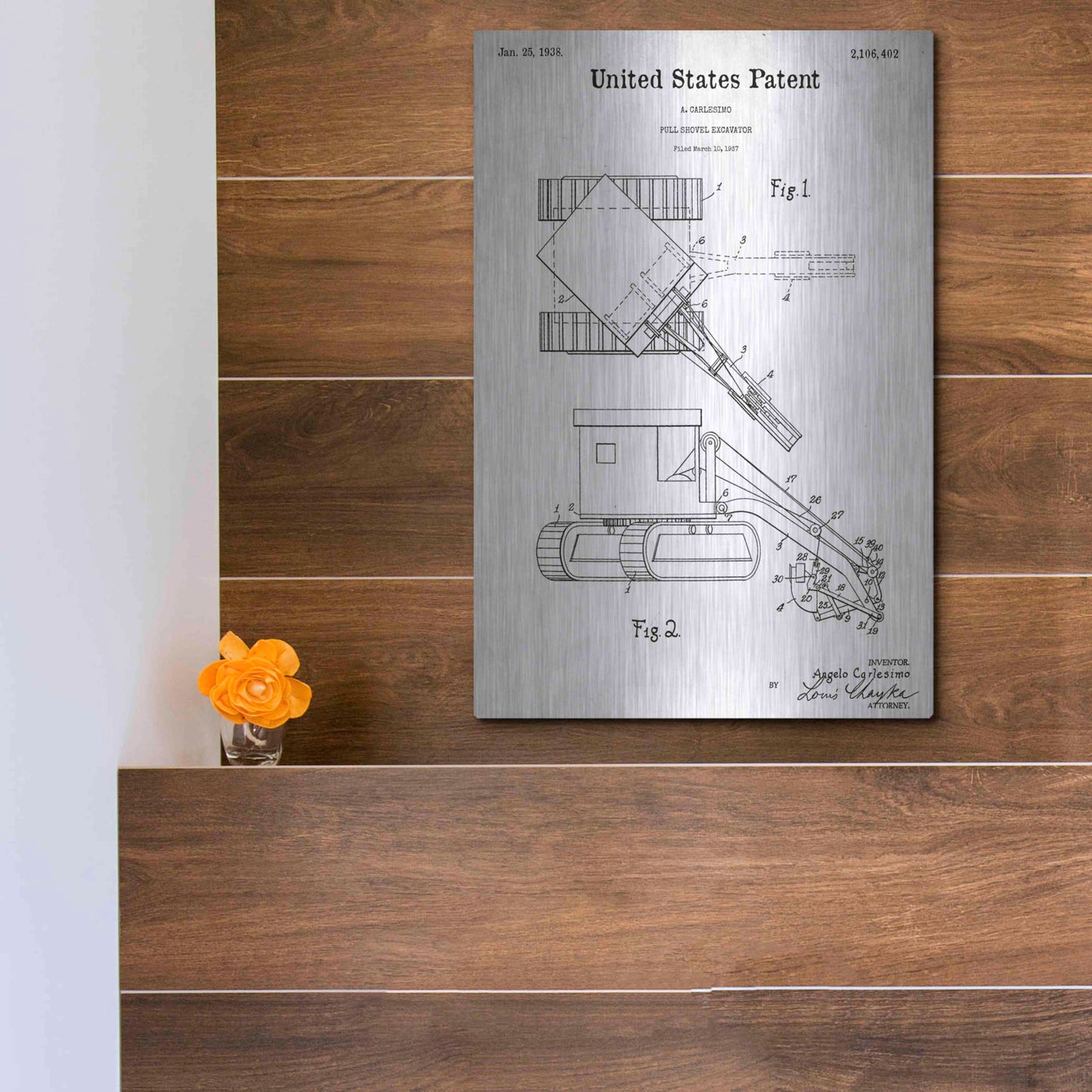 Luxe Metal Art 'Pull Shovel Excavator Blueprint Patent White' Acrylic Glass Wall Art,12x16