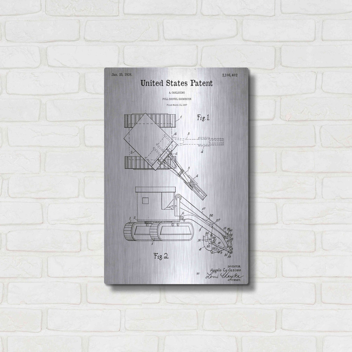 Luxe Metal Art 'Pull Shovel Excavator Blueprint Patent White' Acrylic Glass Wall Art,16x24