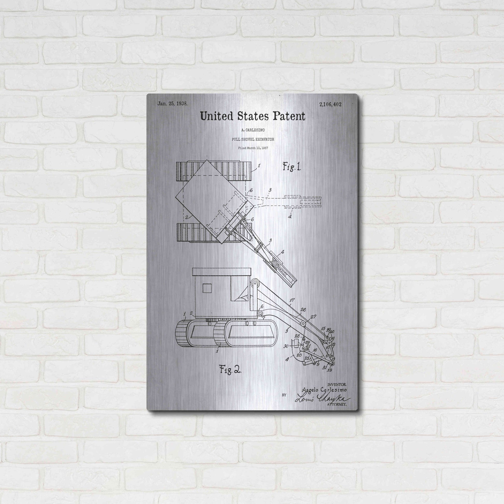 Luxe Metal Art 'Pull Shovel Excavator Blueprint Patent White' Acrylic Glass Wall Art,24x36