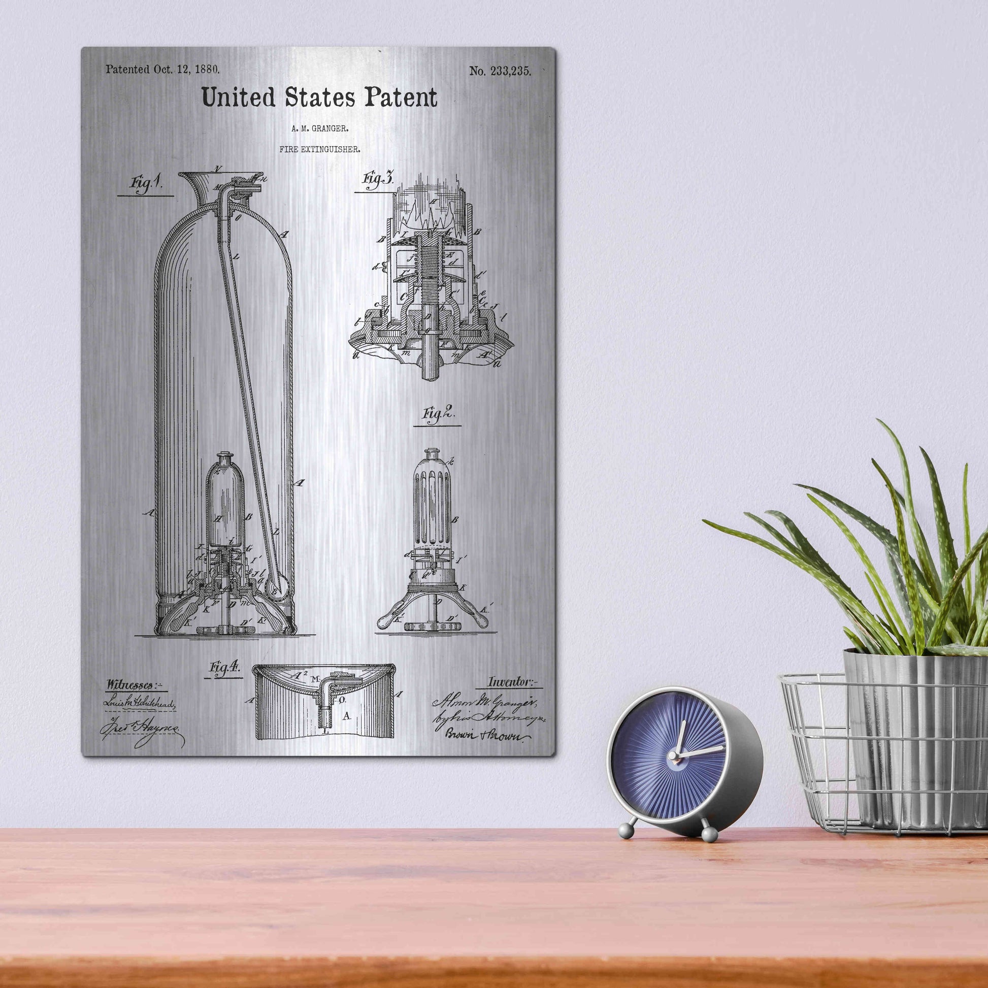 Luxe Metal Art 'Fire Extinguisher Blueprint Patent White' Acrylic Glass Wall Art,12x16