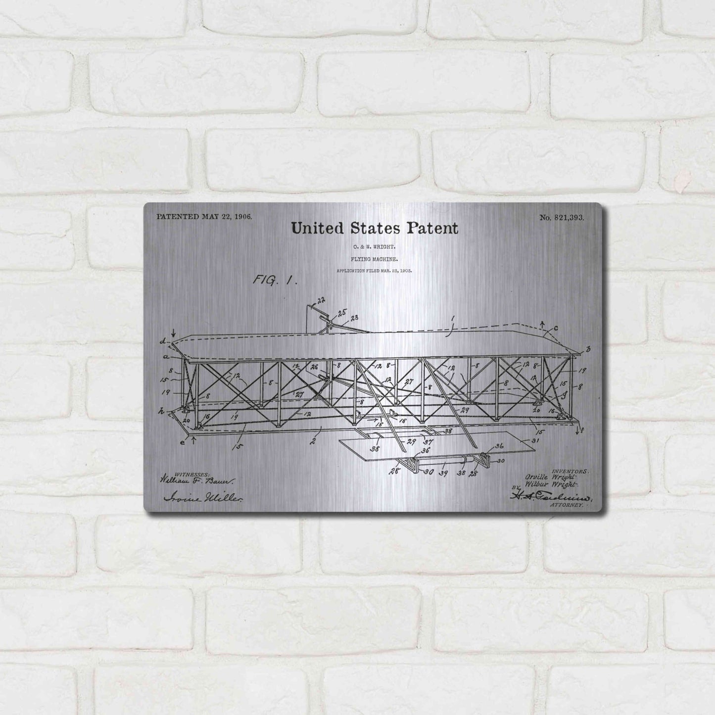 Luxe Metal Art 'Wright Bros. Flying Machine Blueprint Patent White' Acrylic Glass Wall Art,16x12