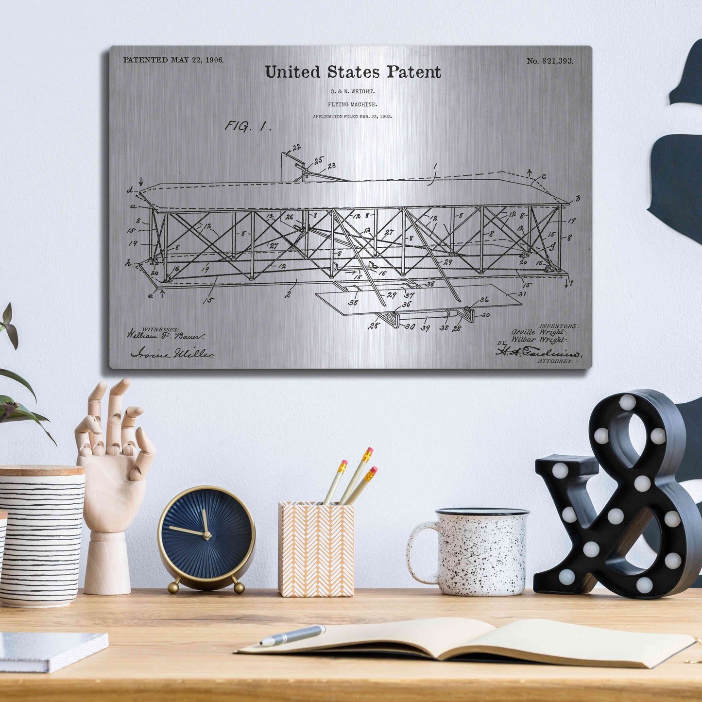 Luxe Metal Art 'Wright Bros. Flying Machine Blueprint Patent White' Acrylic Glass Wall Art,16x12