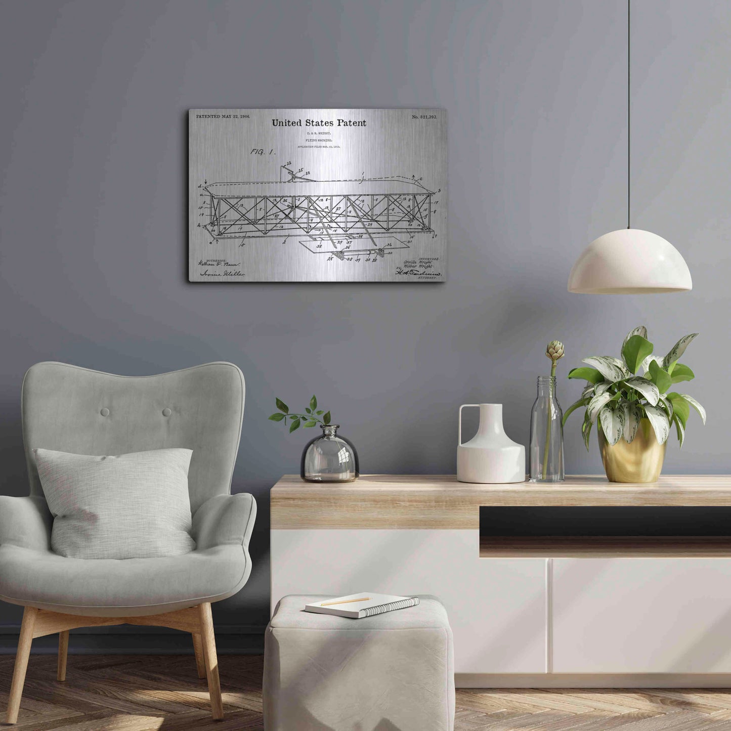 Luxe Metal Art 'Wright Bros. Flying Machine Blueprint Patent White' Acrylic Glass Wall Art,24x16