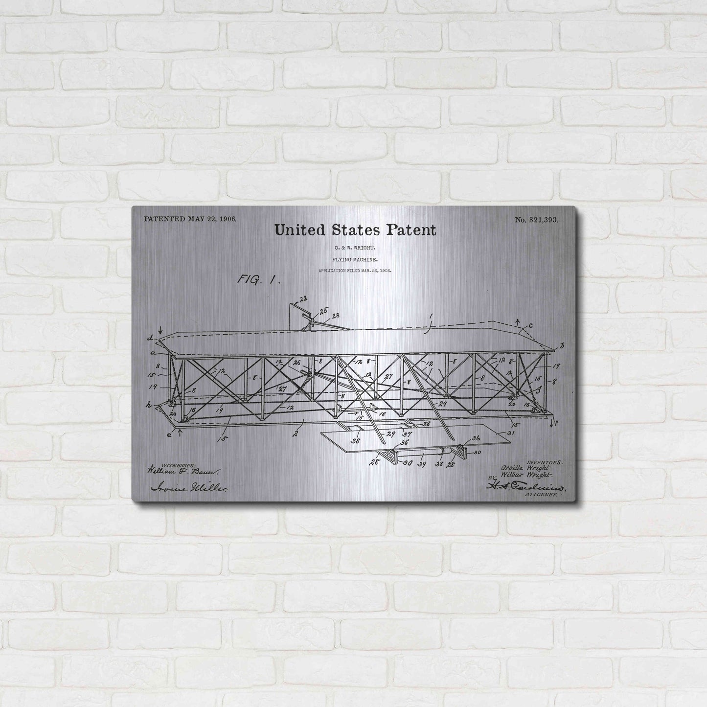 Luxe Metal Art 'Wright Bros. Flying Machine Blueprint Patent White' Acrylic Glass Wall Art,36x24