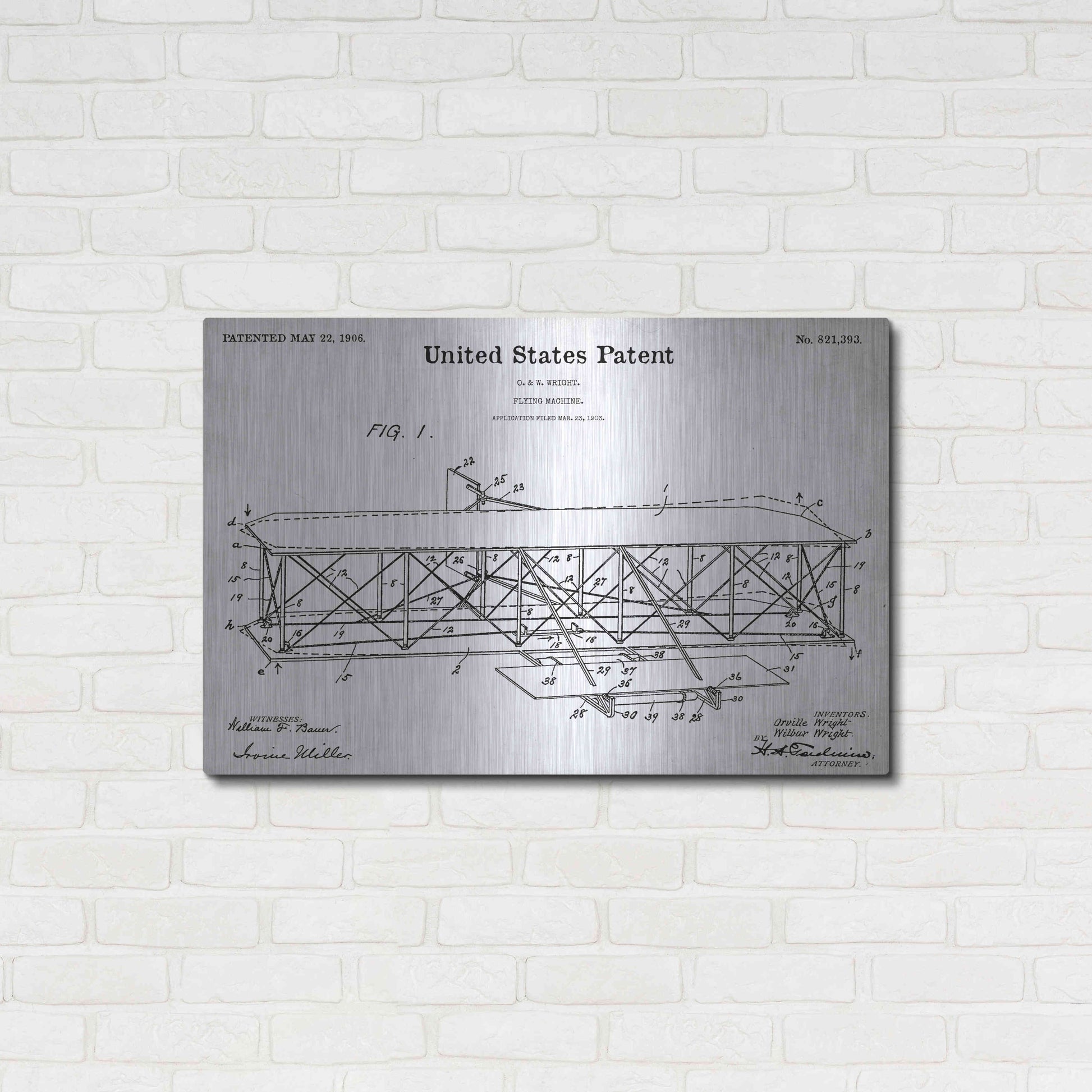 Luxe Metal Art 'Wright Bros. Flying Machine Blueprint Patent White' Acrylic Glass Wall Art,36x24