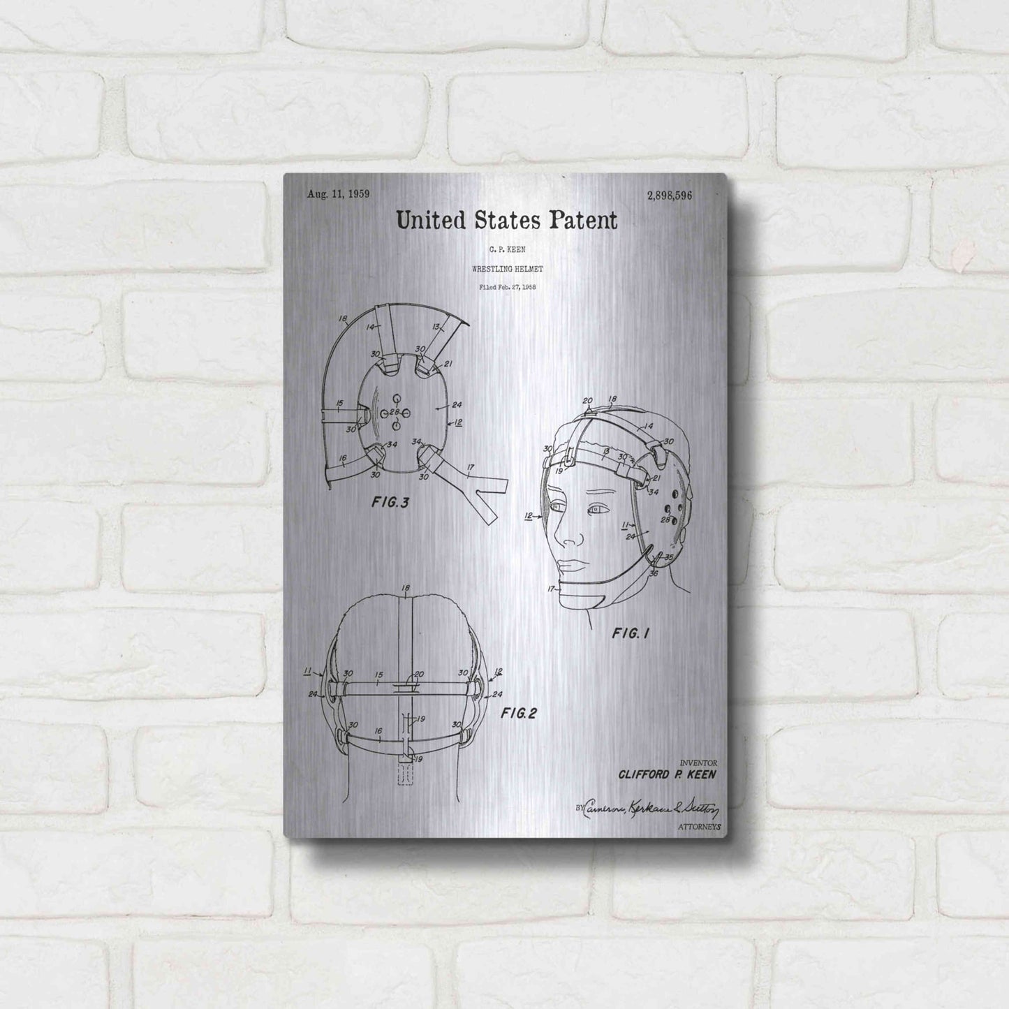 Luxe Metal Art 'Wrestling Headgear Blueprint Patent White' Acrylic Glass Wall Art,12x16