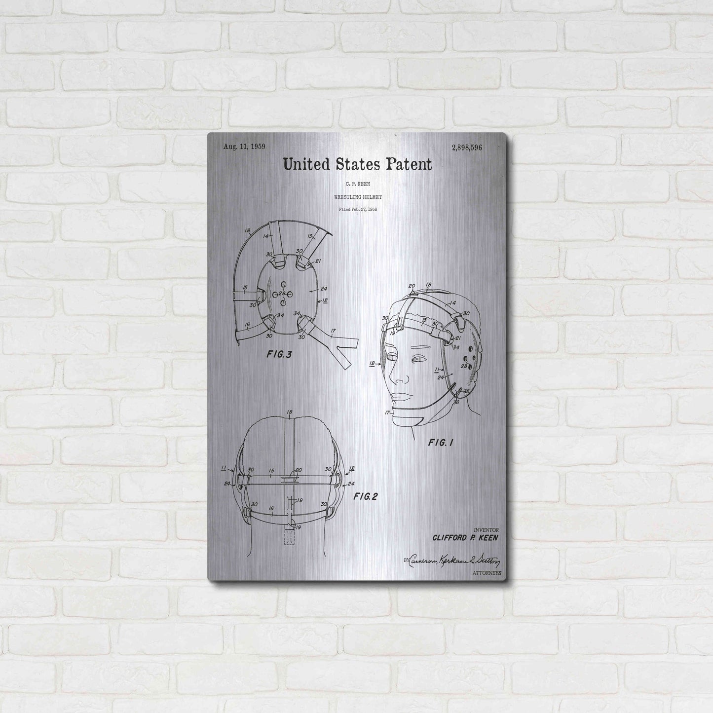 Luxe Metal Art 'Wrestling Headgear Blueprint Patent White' Acrylic Glass Wall Art,24x36